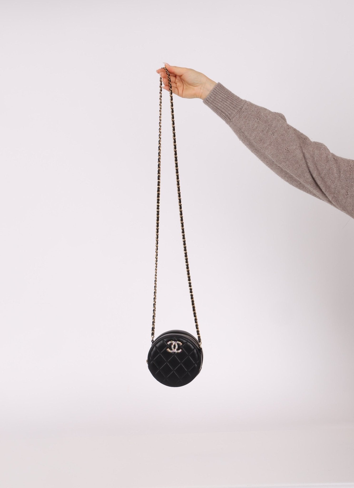 Chanel 2020 Lambskin Crystal Round Clutch on Chain - FashioNica