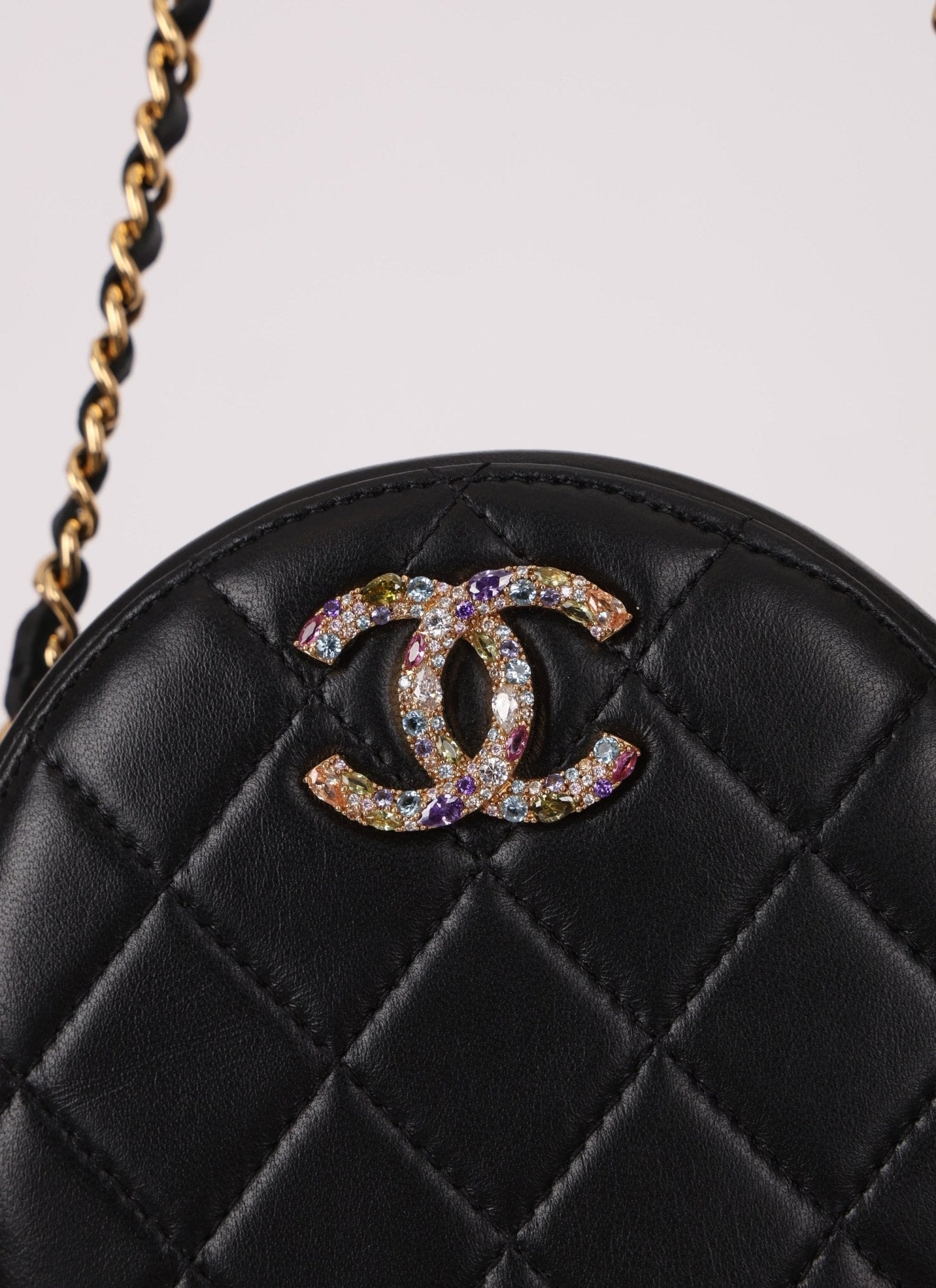 Chanel 2020 Lambskin Crystal Round Clutch on Chain - FashioNica