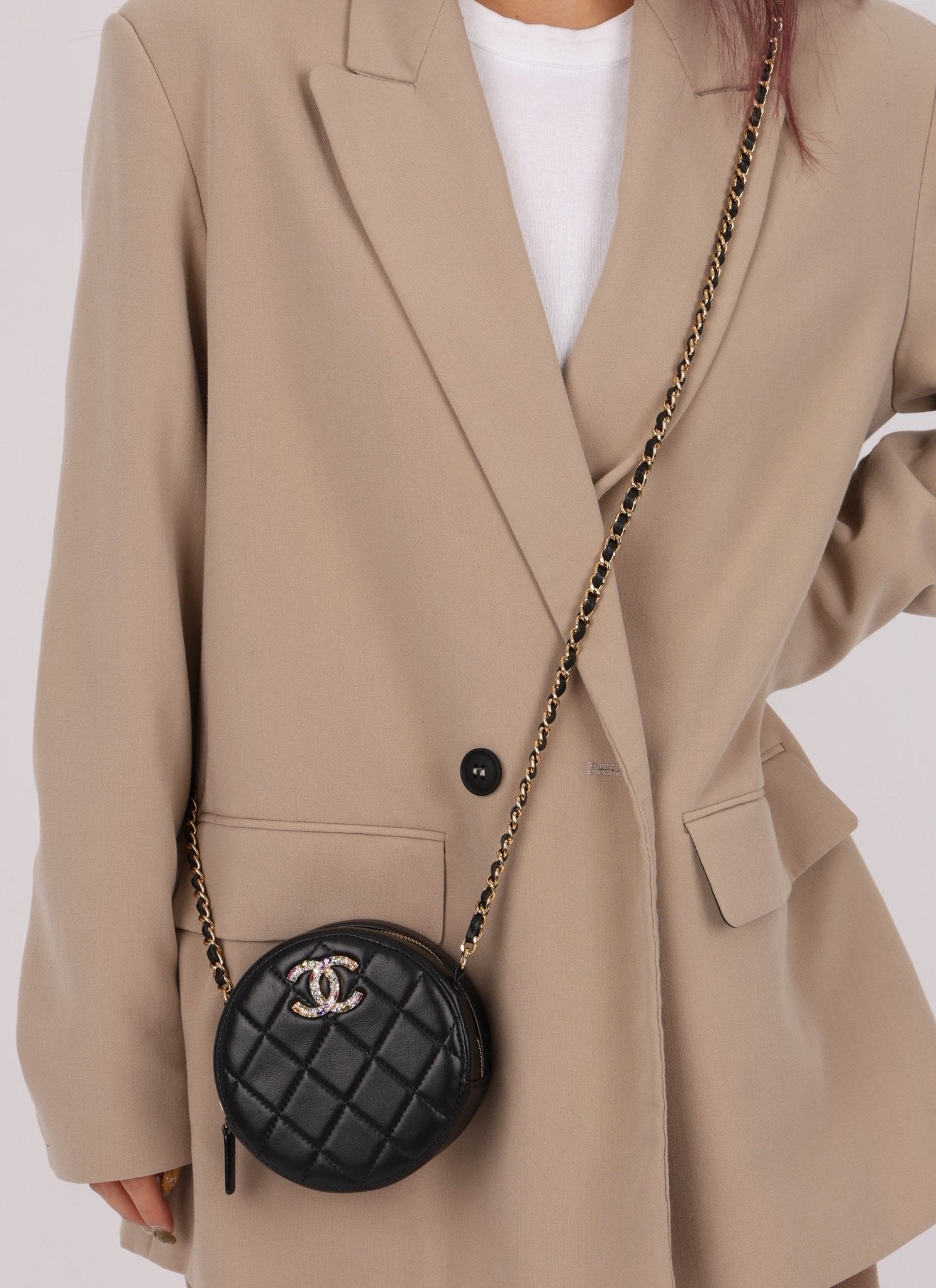 Chanel 2020 Lambskin Crystal Round Clutch on Chain - FashioNica