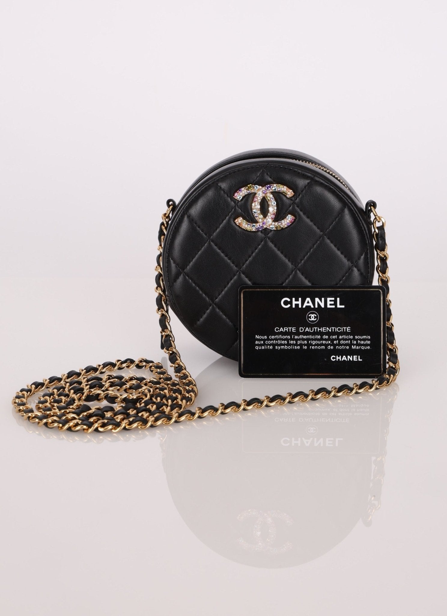 Chanel 2020 Lambskin Crystal Round Clutch on Chain - FashioNica