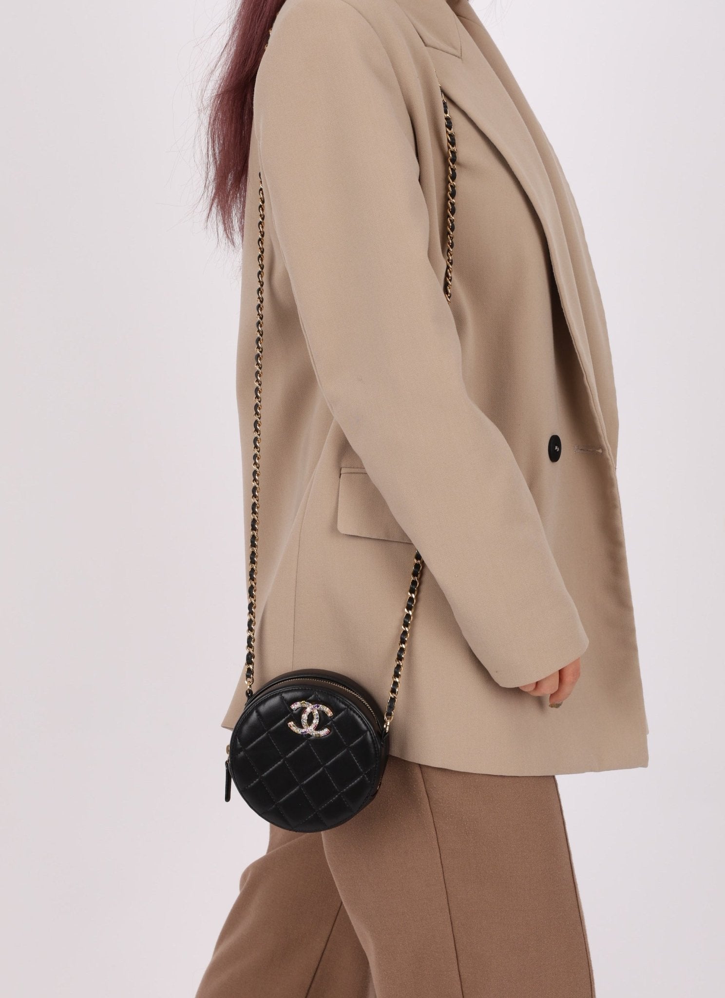 Chanel 2020 Lambskin Crystal Round Clutch on Chain - FashioNica