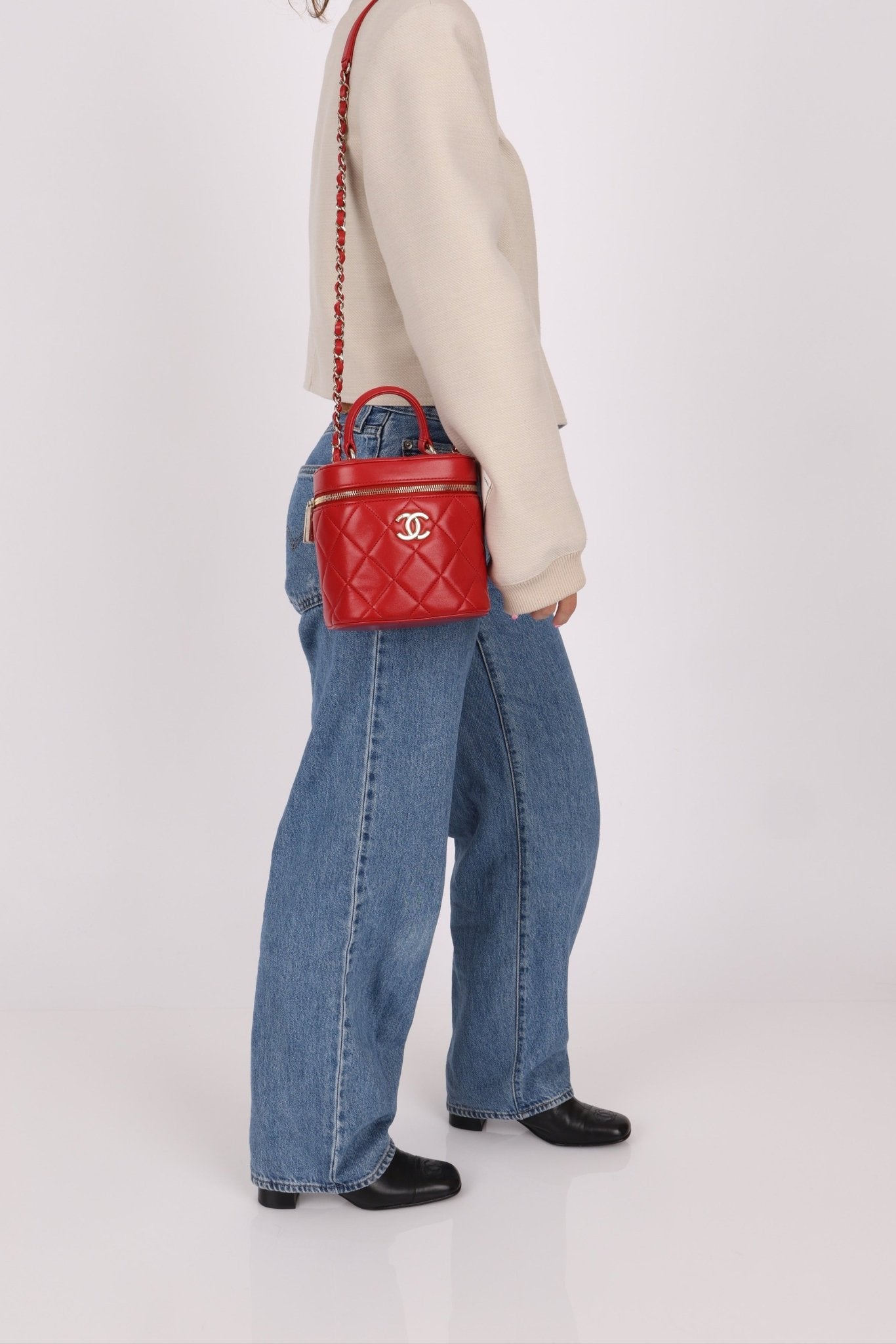 Chanel 2020 Red Lambskin Trendy CC Top Handle Vanity w/ Strap - FashioNica