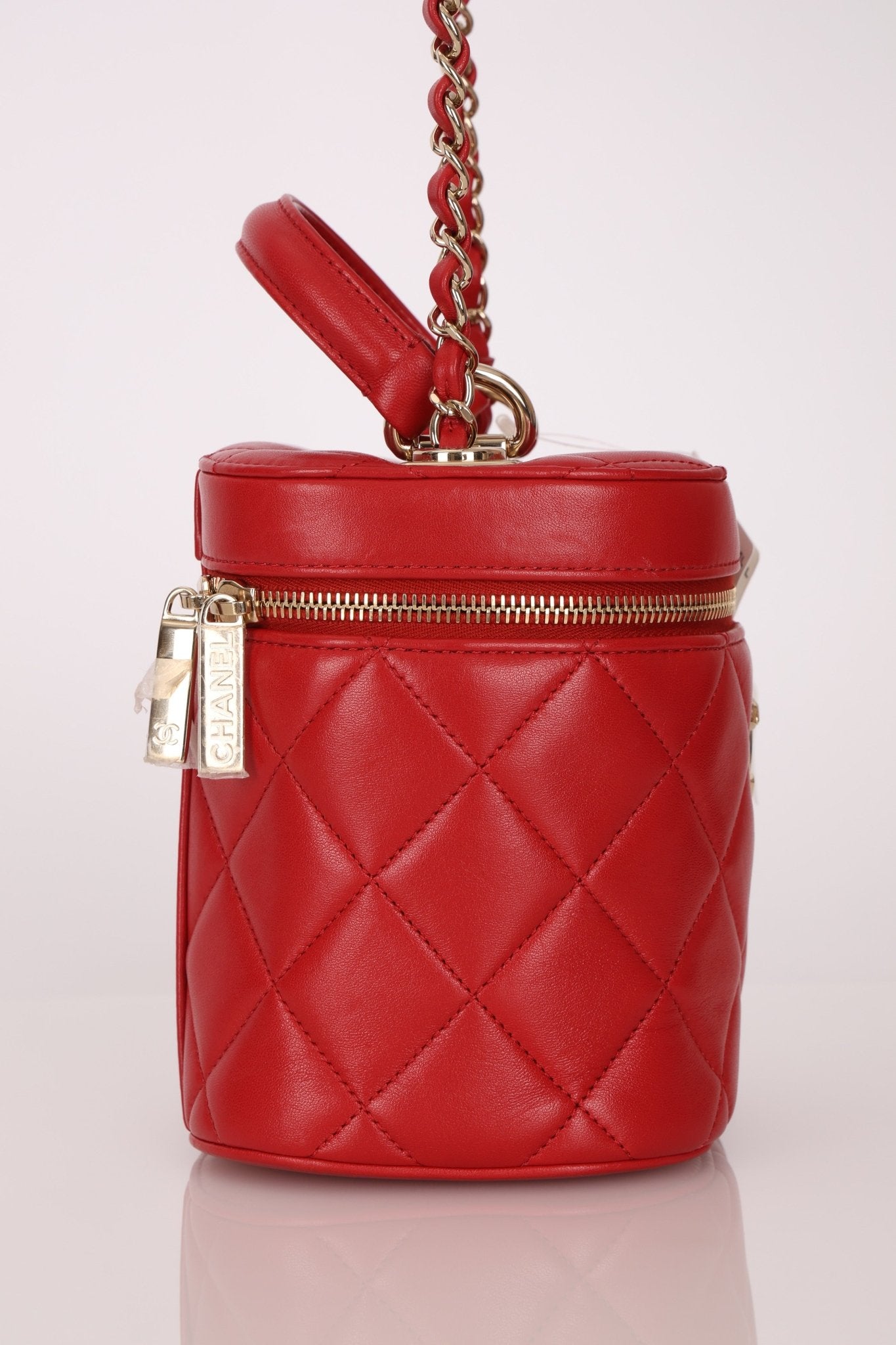 Chanel 2020 Red Lambskin Trendy CC Top Handle Vanity w/ Strap - FashioNica