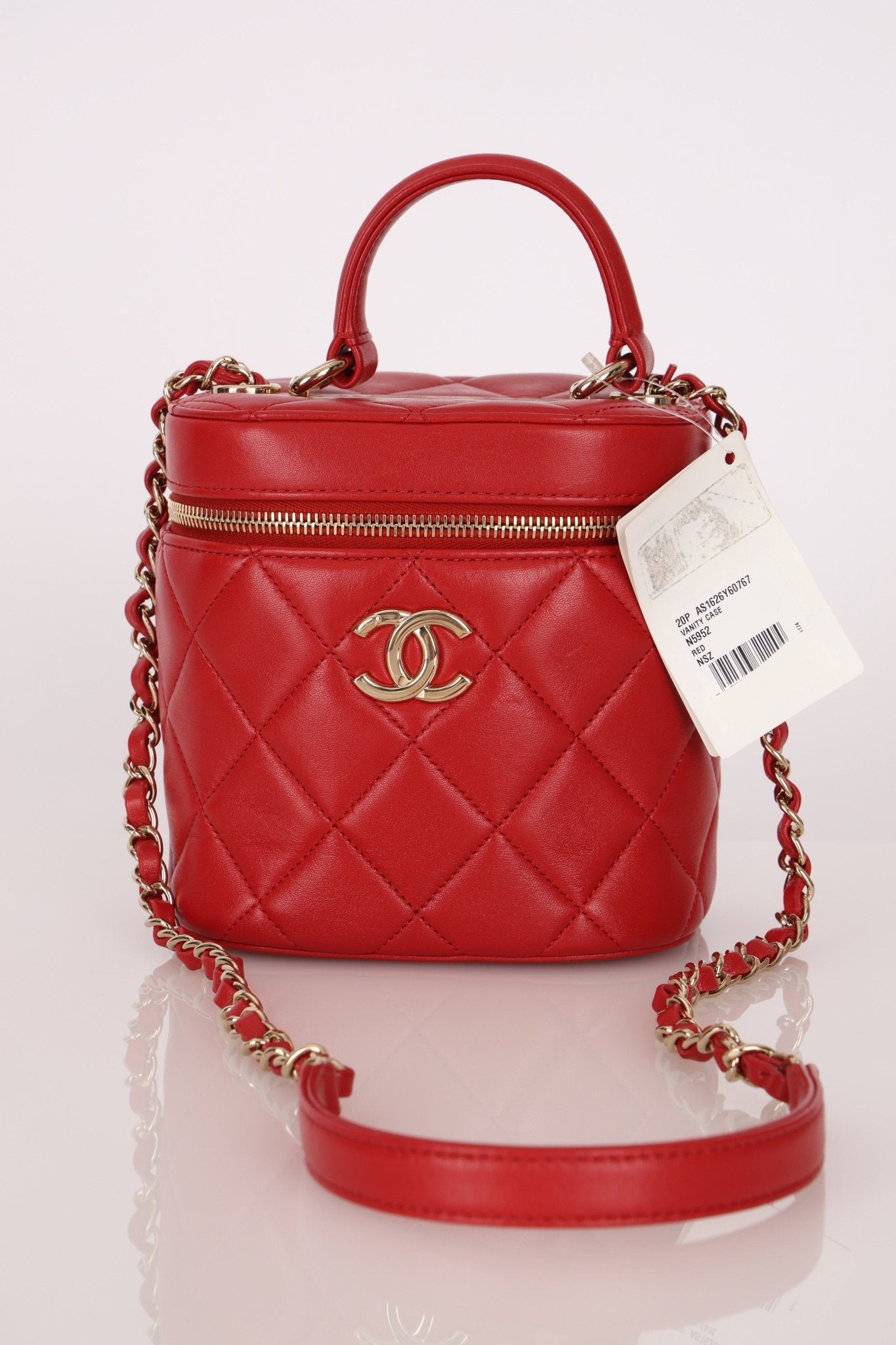 Chanel 2020 Red Lambskin Trendy CC Top Handle Vanity w/ Strap - FashioNica