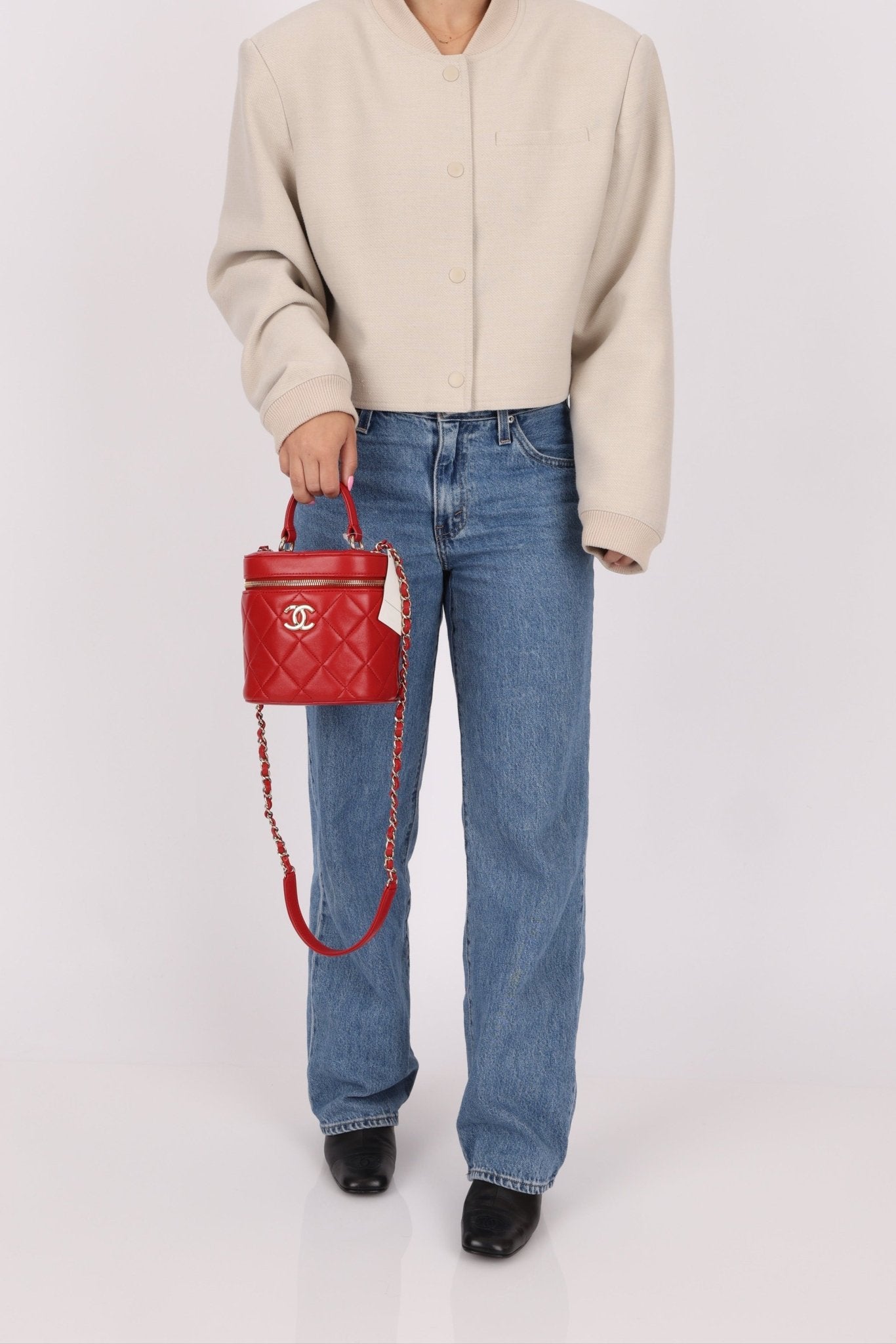 Chanel 2020 Red Lambskin Trendy CC Top Handle Vanity w/ Strap - FashioNica