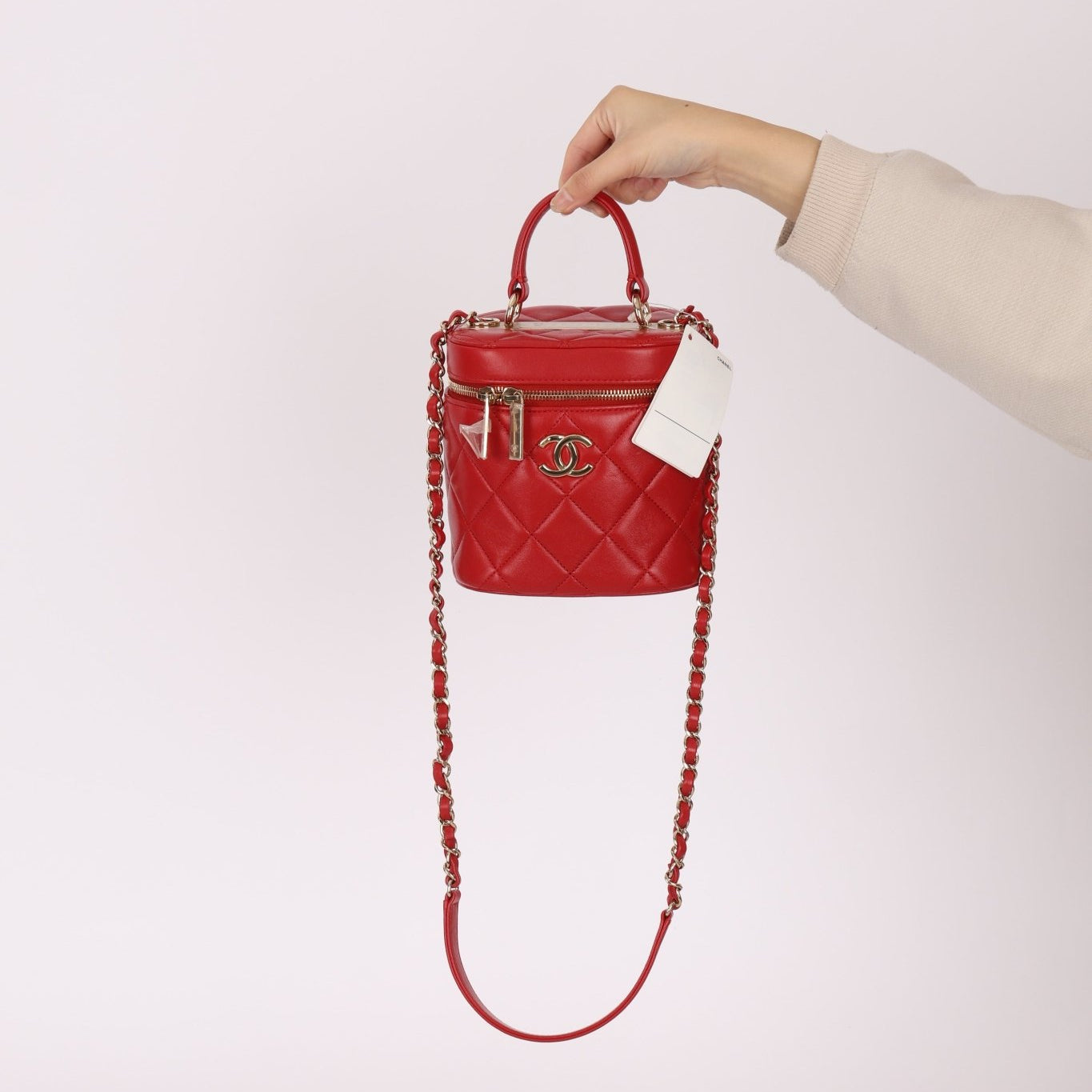 Chanel 2020 Red Lambskin Trendy CC Top Handle Vanity w/ Strap - FashioNica