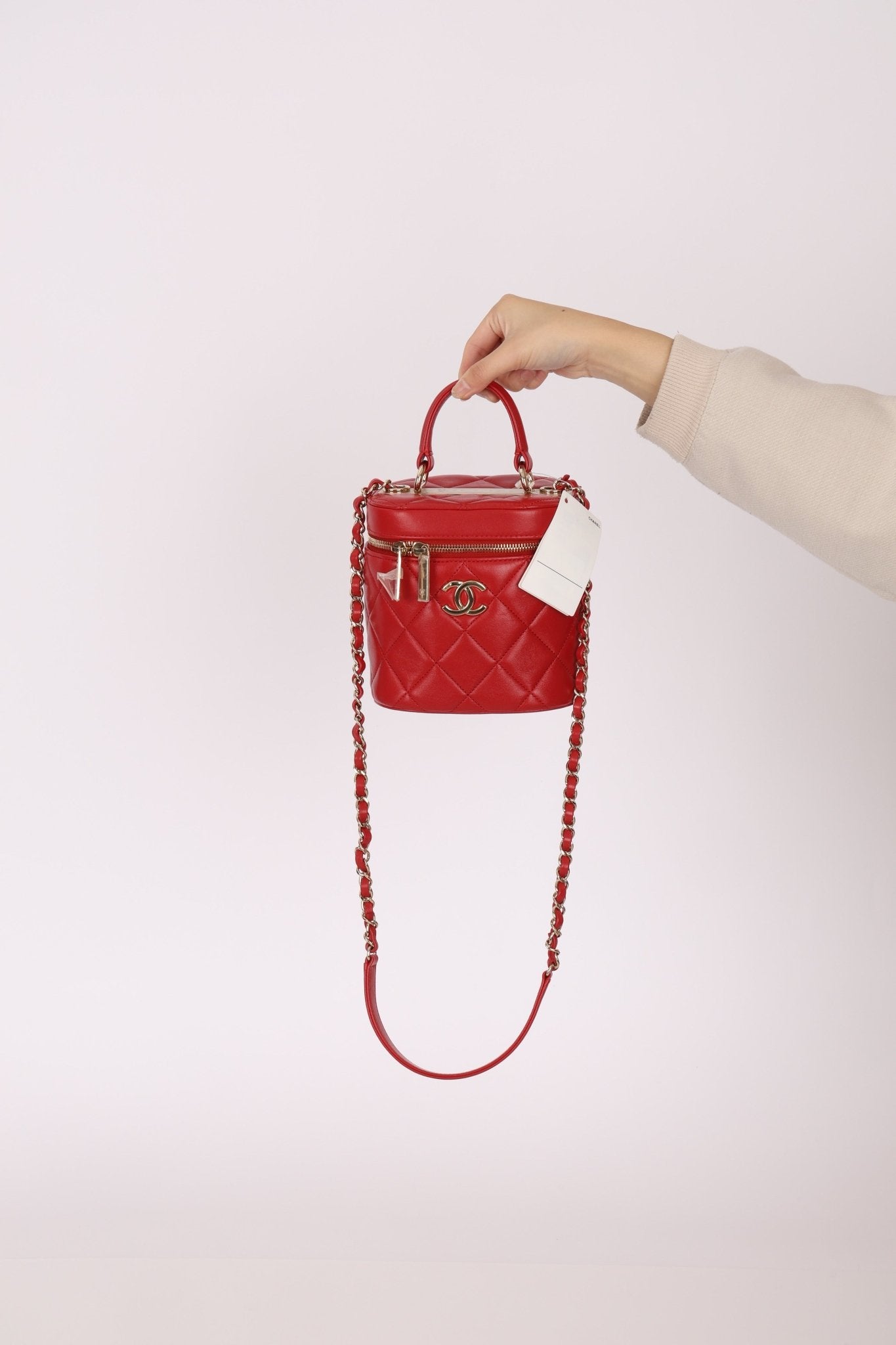 Chanel 2020 Red Lambskin Trendy CC Top Handle Vanity w/ Strap - FashioNica