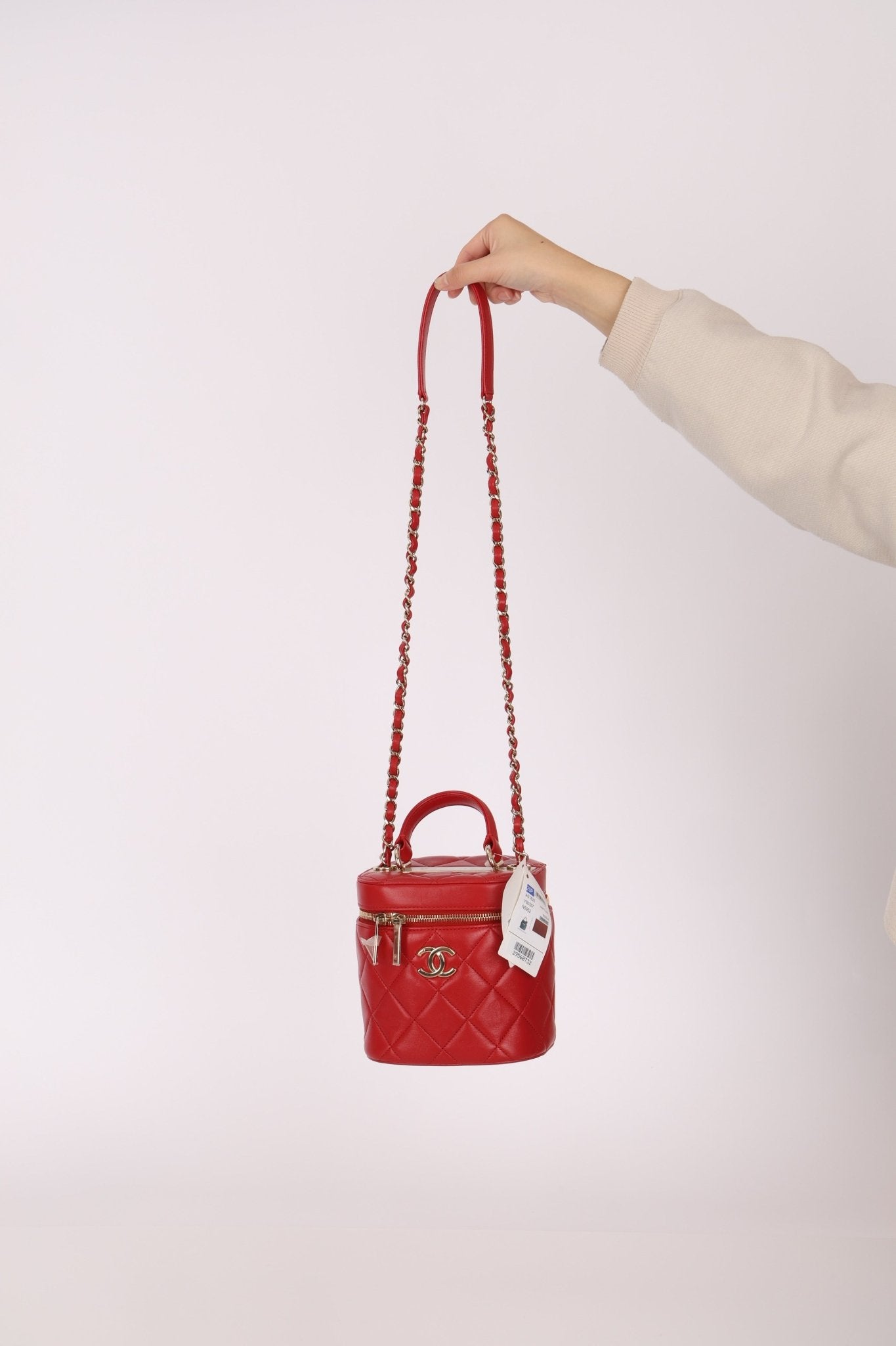 Chanel 2020 Red Lambskin Trendy CC Top Handle Vanity w/ Strap - FashioNica