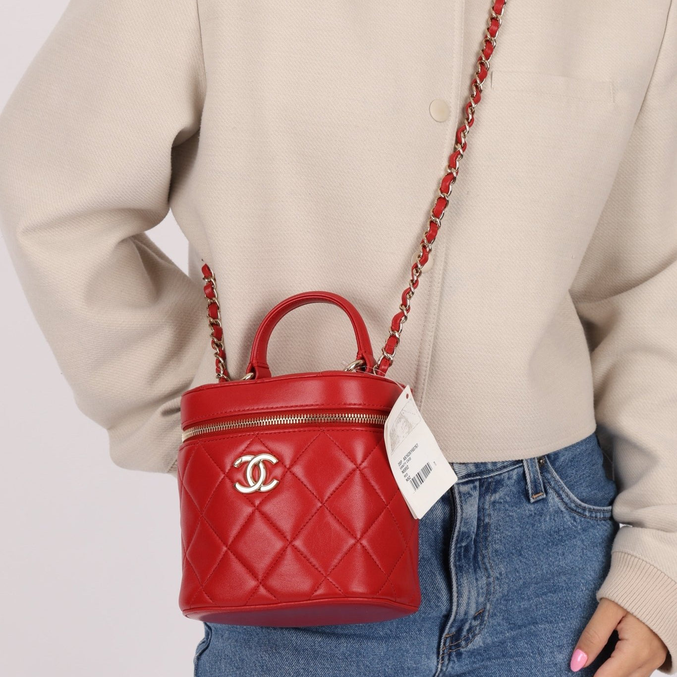Chanel 2020 Red Lambskin Trendy CC Top Handle Vanity w/ Strap - FashioNica