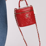 Chanel 2020 Red Lambskin Trendy CC Top Handle Vanity w/ Strap - FashioNica