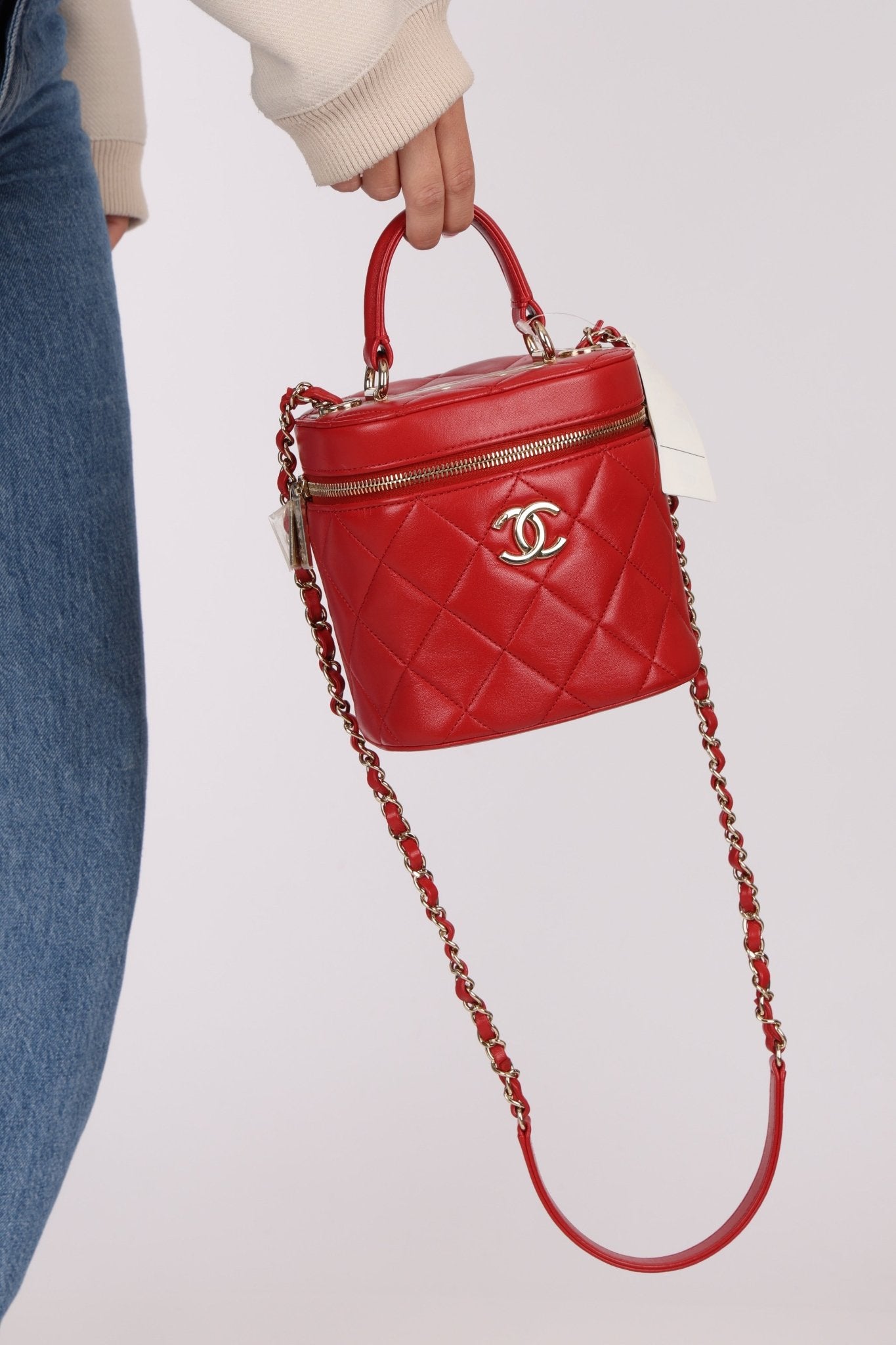 Chanel 2020 Red Lambskin Trendy CC Top Handle Vanity w/ Strap - FashioNica