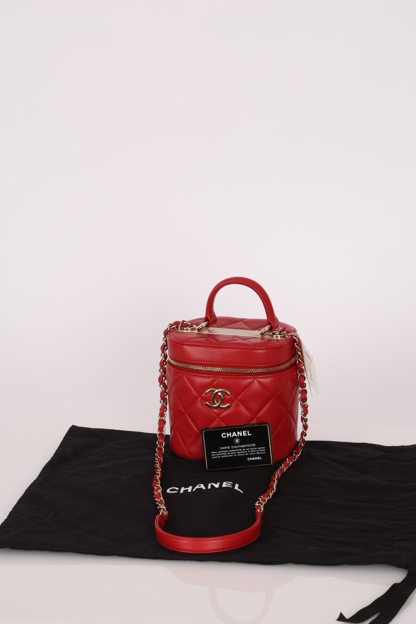 Chanel 2020 Red Lambskin Trendy CC Top Handle Vanity w/ Strap - FashioNica