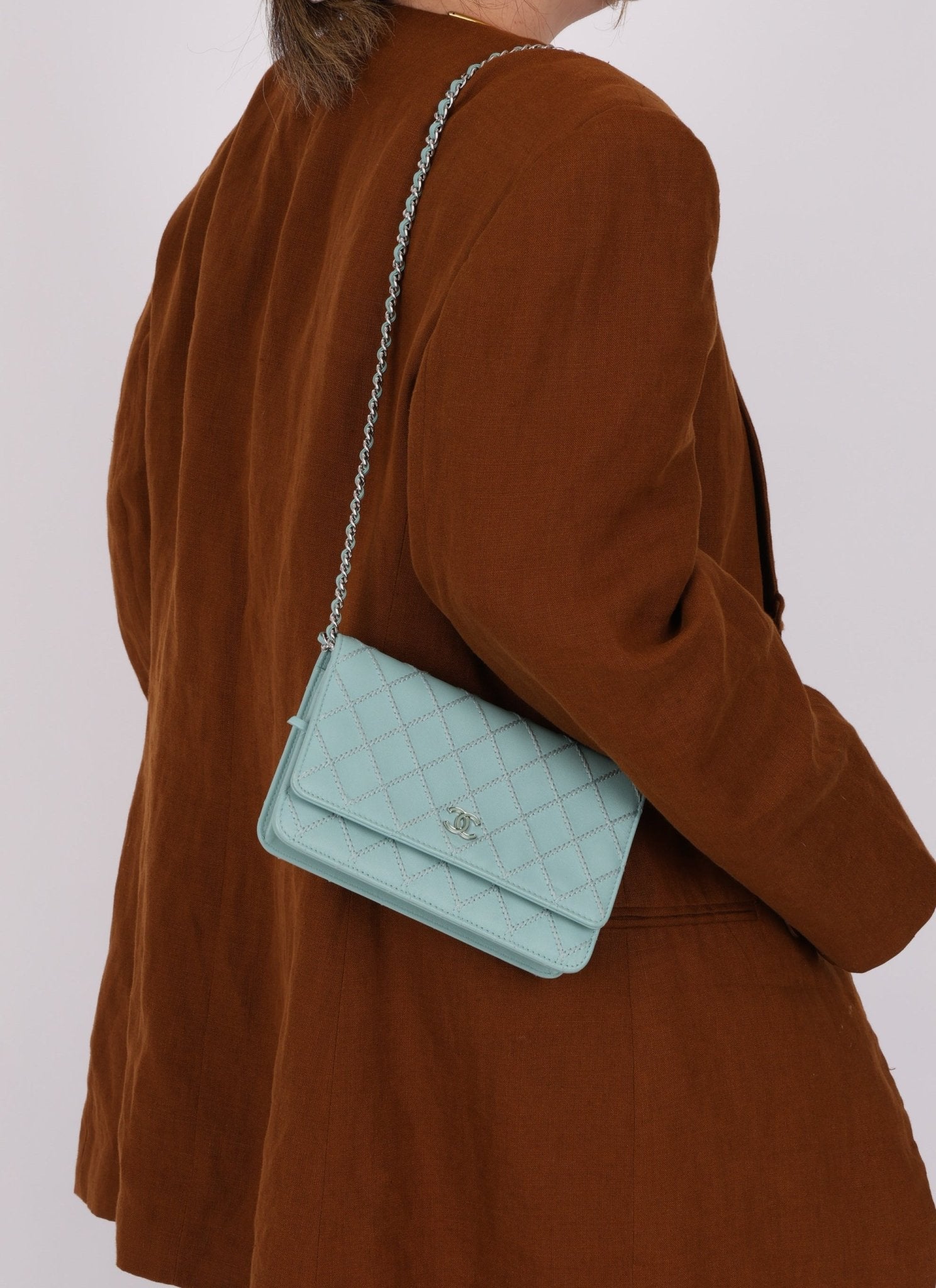 Chanel 2020 Robin's Egg Blue Calfskin Wildstitch Wallet on Chain - FashioNica