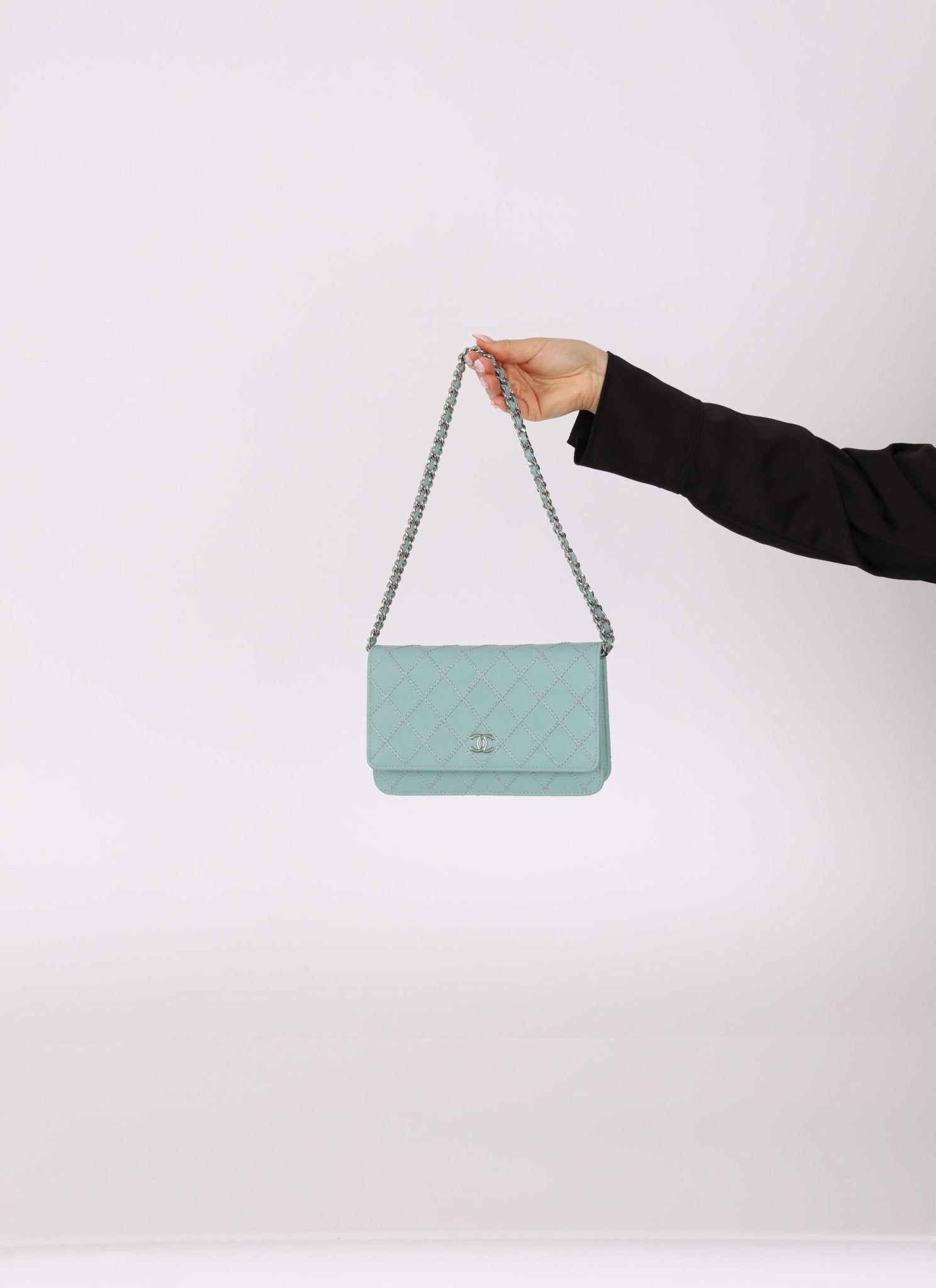 Chanel 2020 Robin's Egg Blue Calfskin Wildstitch Wallet on Chain - FashioNica