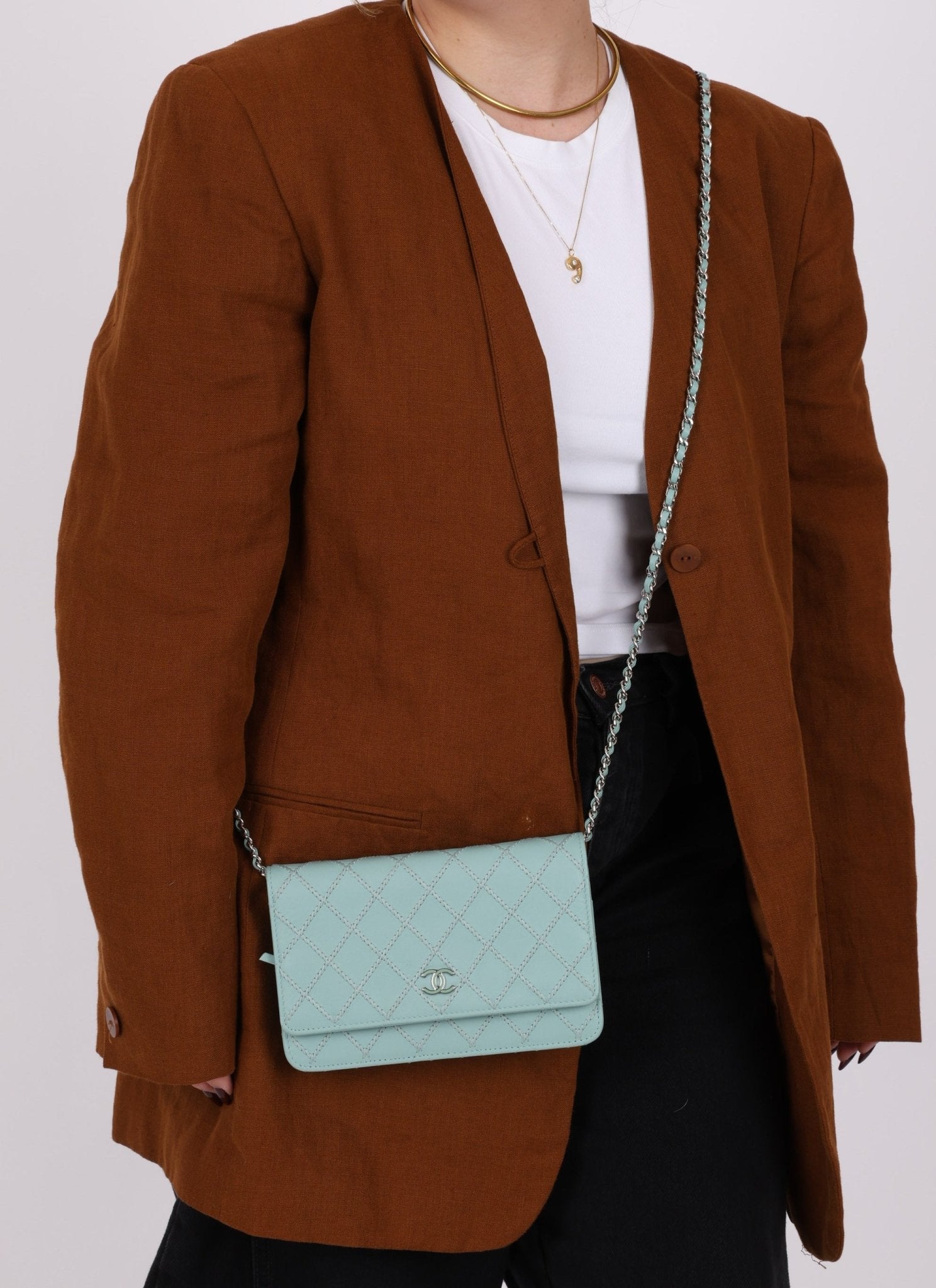 Chanel 2020 Robin's Egg Blue Calfskin Wildstitch Wallet on Chain - FashioNica