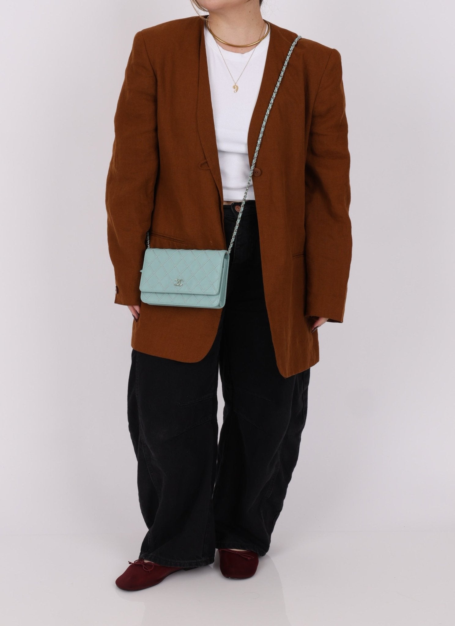 Chanel 2020 Robin's Egg Blue Calfskin Wildstitch Wallet on Chain - FashioNica