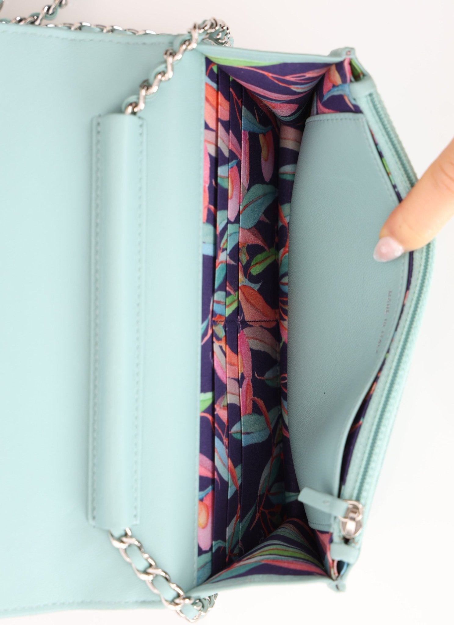 Chanel 2020 Robin's Egg Blue Calfskin Wildstitch Wallet on Chain - FashioNica