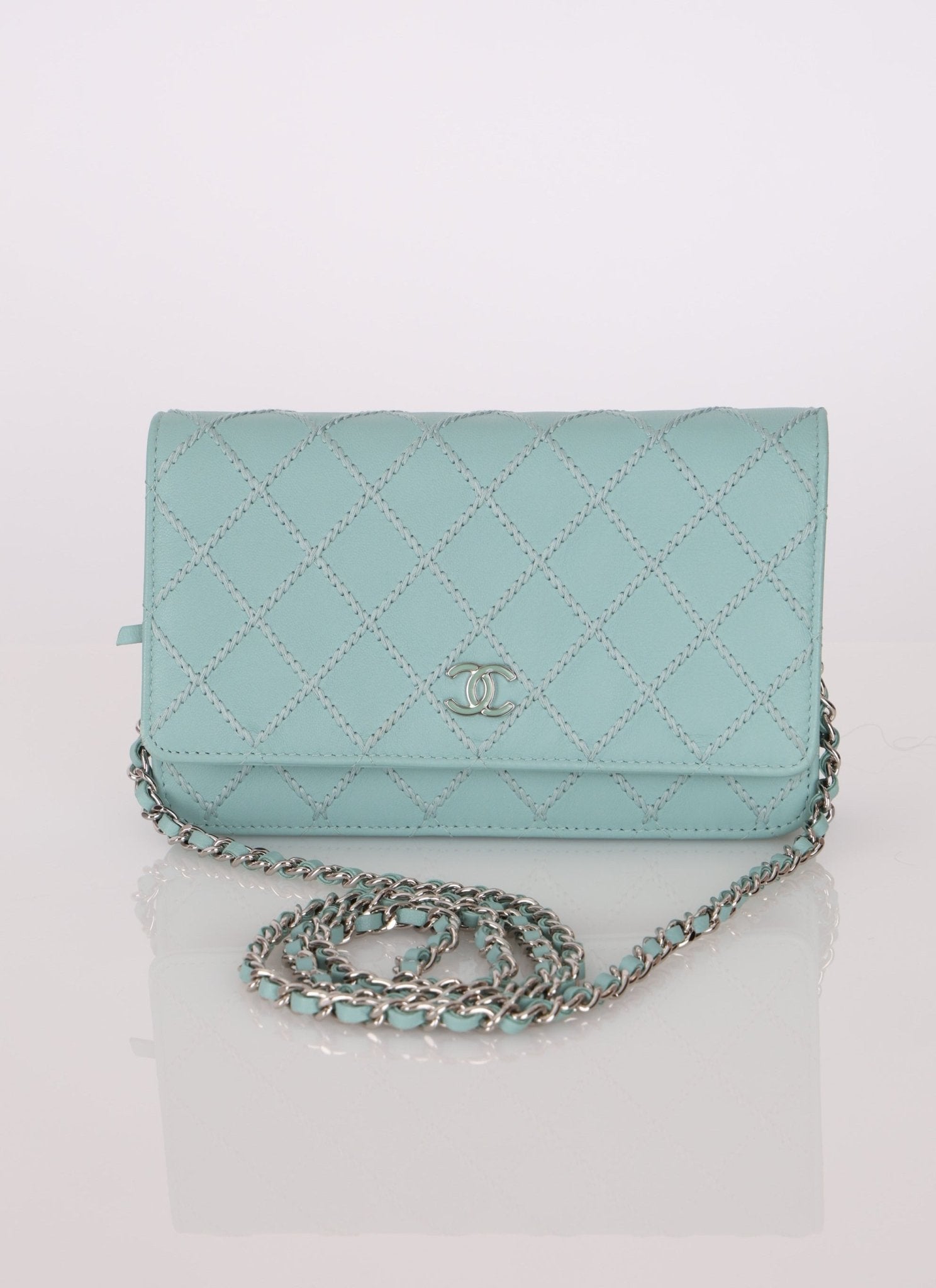 Chanel 2020 Robin's Egg Blue Calfskin Wildstitch Wallet on Chain - FashioNica