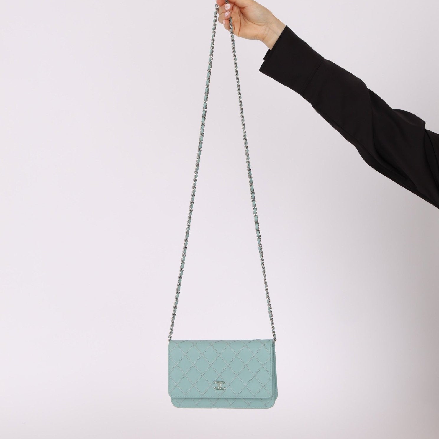 Chanel 2020 Robin's Egg Blue Calfskin Wildstitch Wallet on Chain - FashioNica