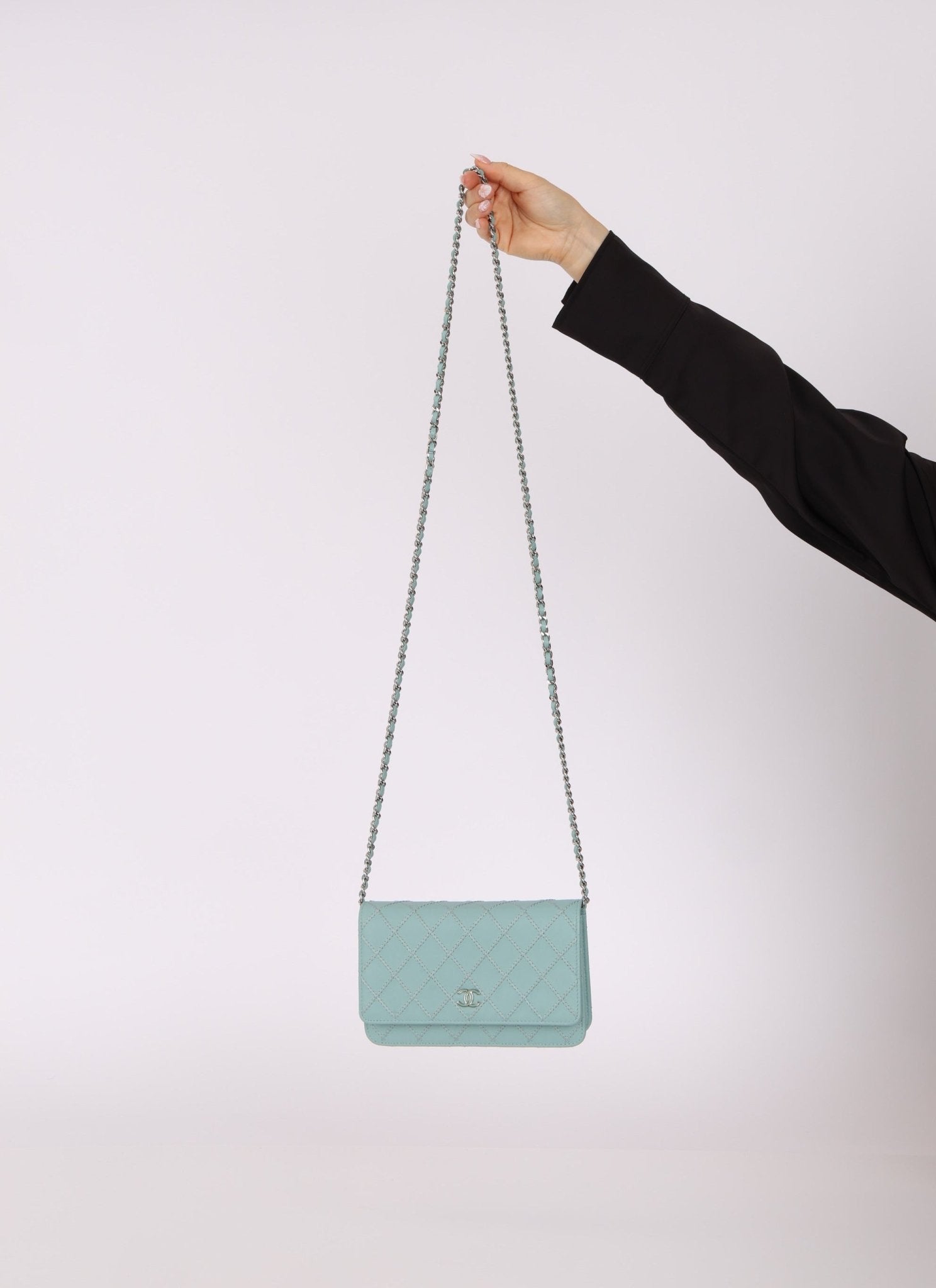 Chanel 2020 Robin's Egg Blue Calfskin Wildstitch Wallet on Chain - FashioNica
