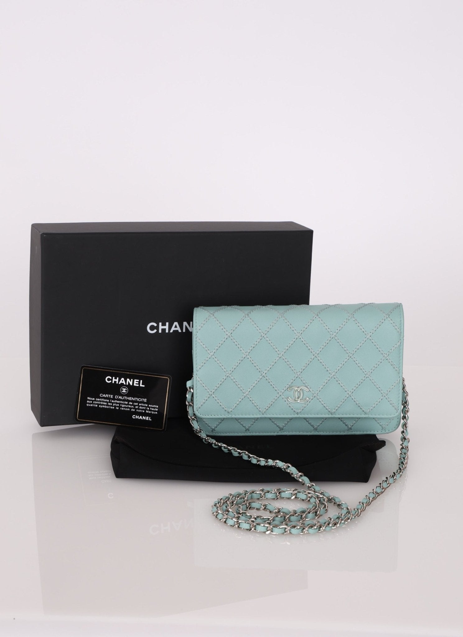 Chanel 2020 Robin's Egg Blue Calfskin Wildstitch Wallet on Chain - FashioNica