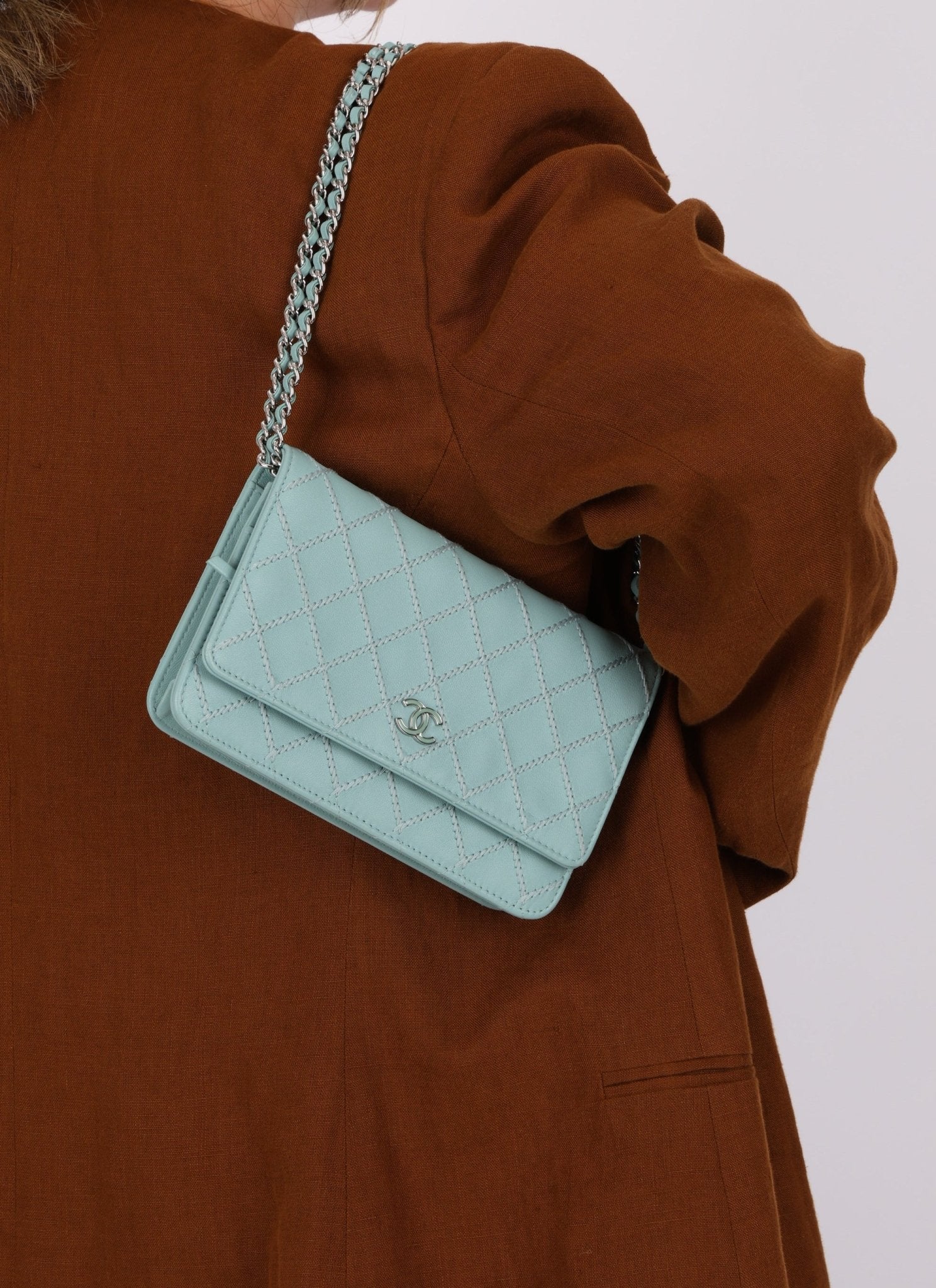 Chanel 2020 Robin's Egg Blue Calfskin Wildstitch Wallet on Chain - FashioNica