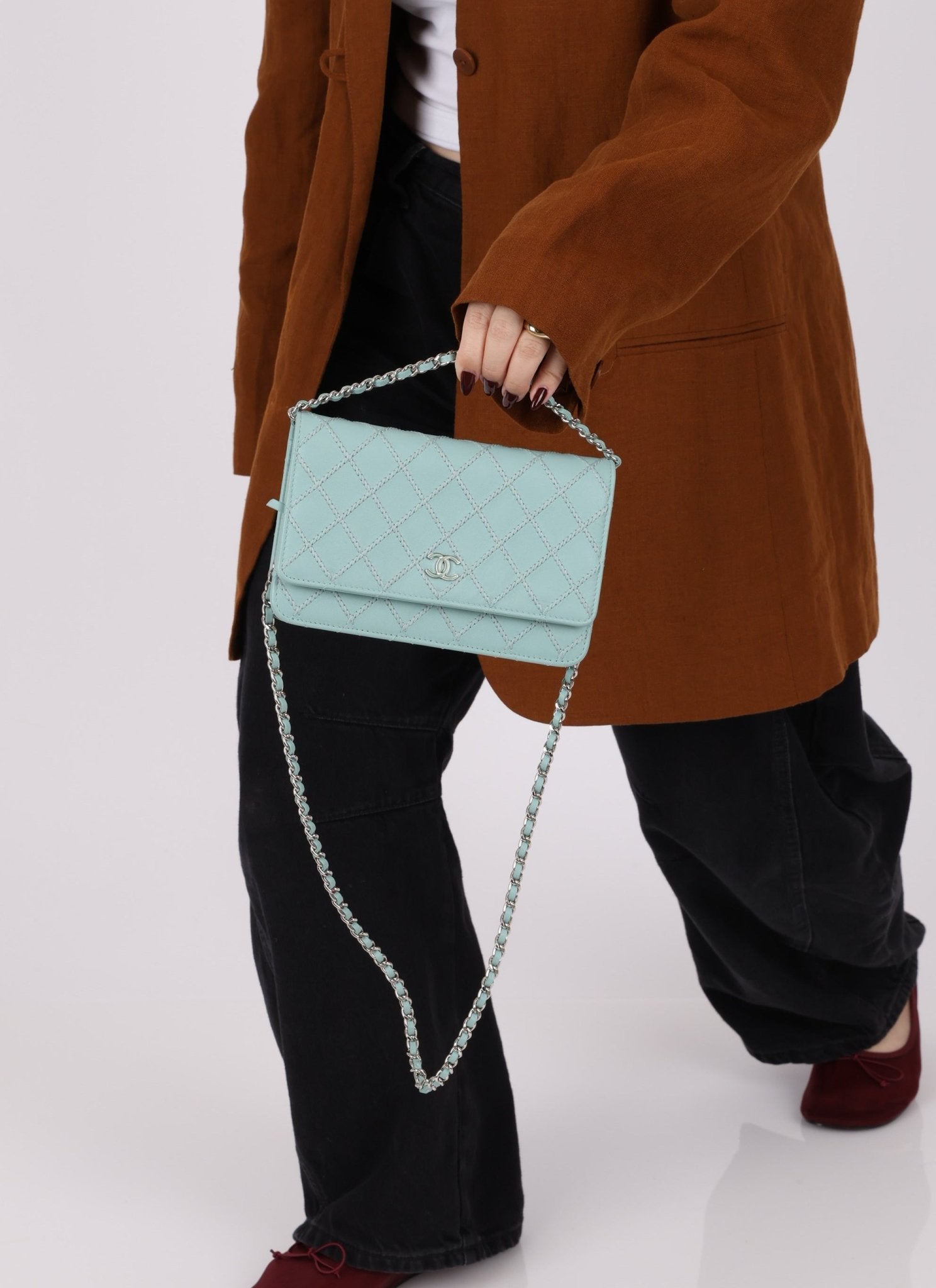 Chanel 2020 Robin's Egg Blue Calfskin Wildstitch Wallet on Chain - FashioNica