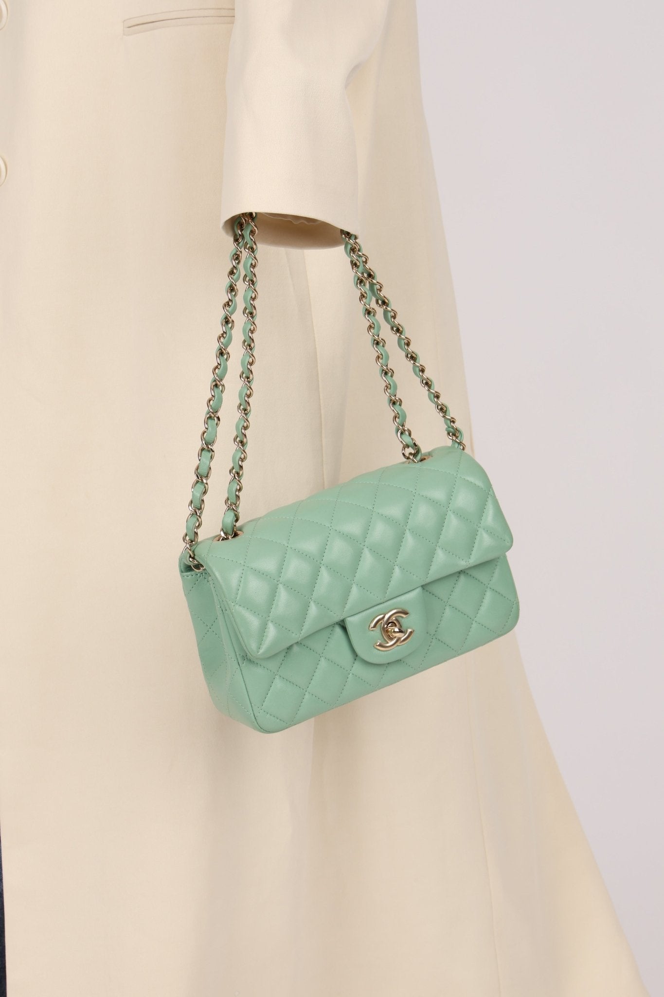 Chanel 2020 Seafoam Green Lambskin Mini Rectangular Flap - FashioNica