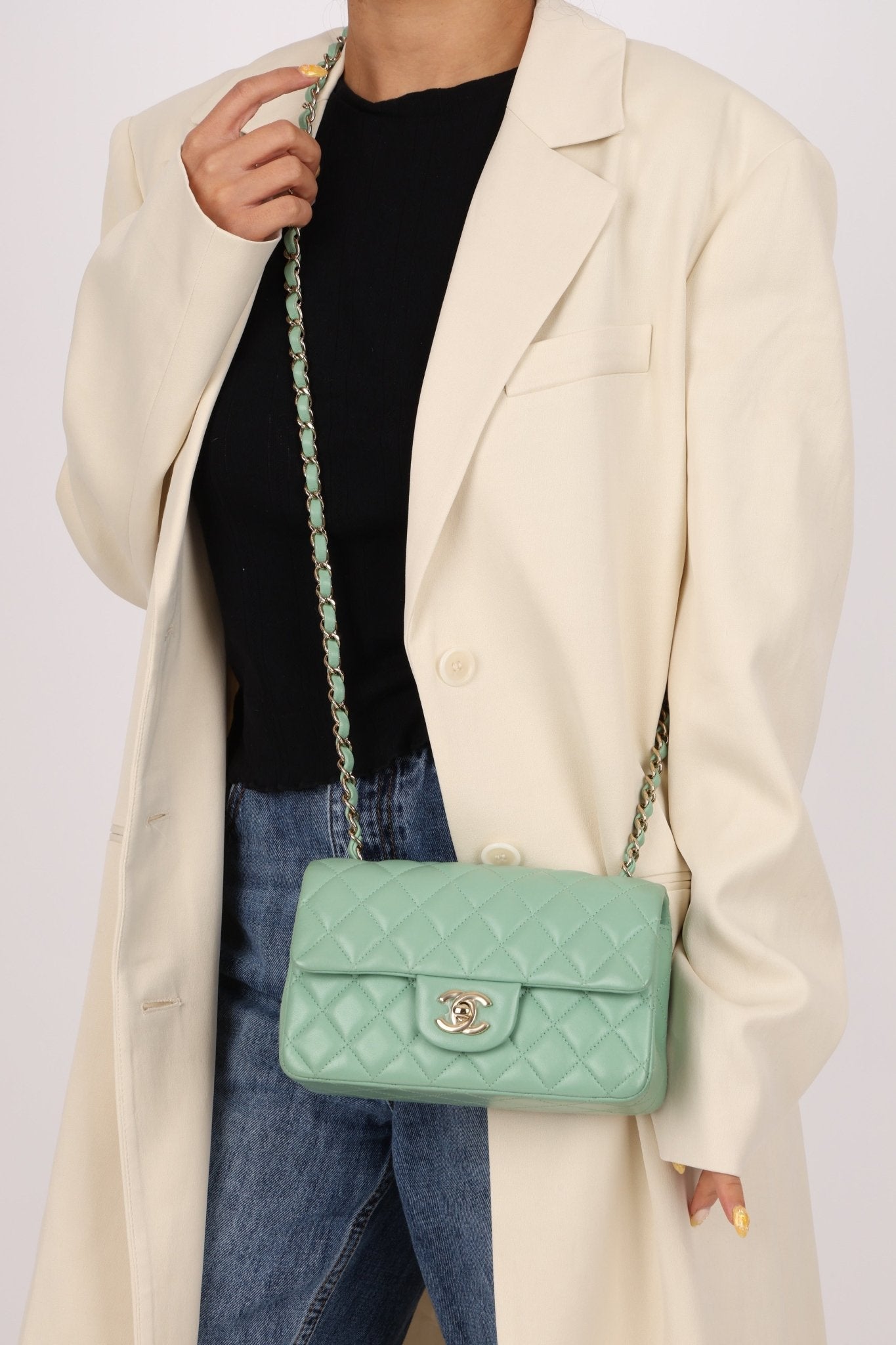 Chanel 2020 Seafoam Green Lambskin Mini Rectangular Flap - FashioNica