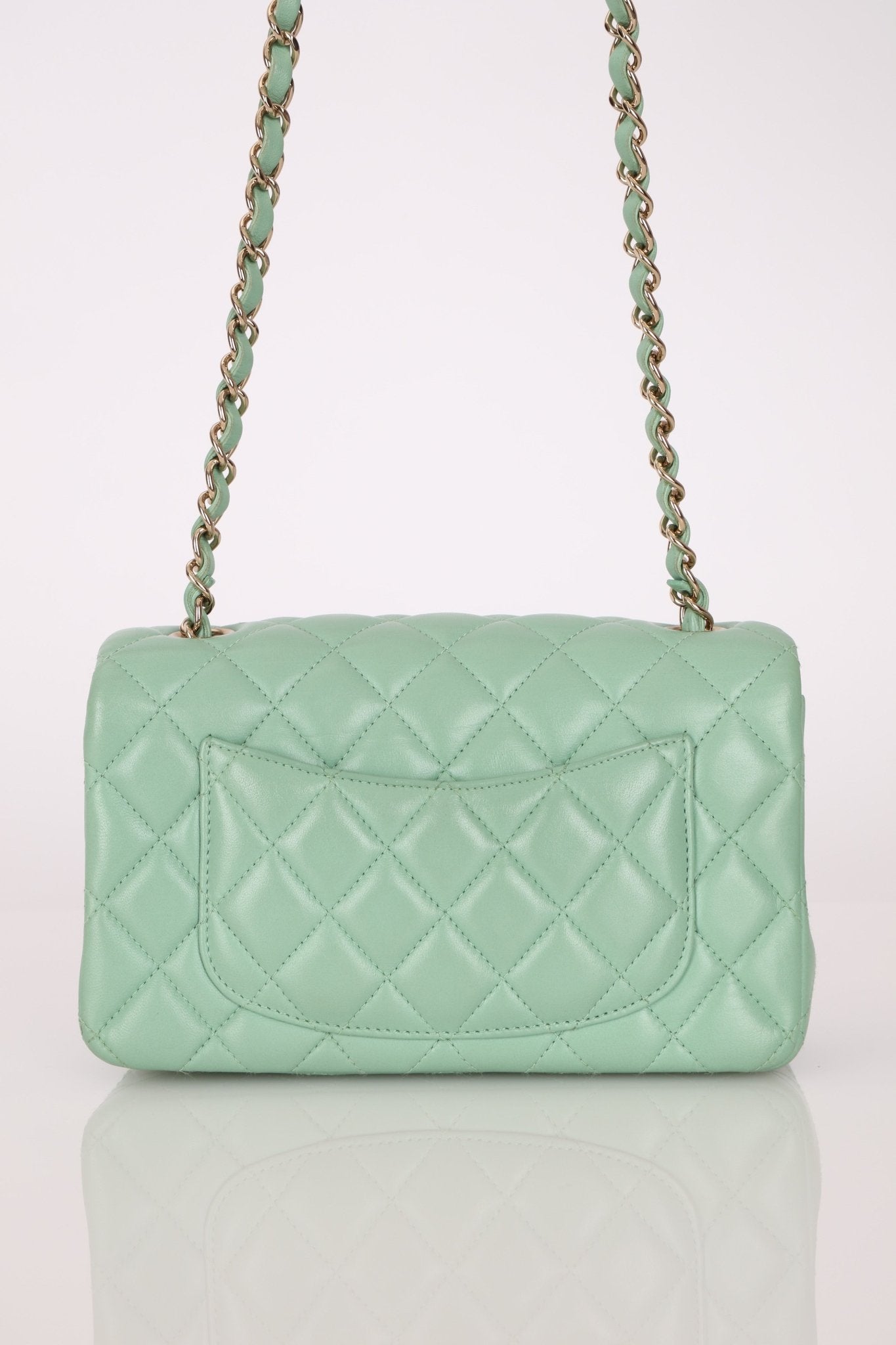 Chanel 2020 Seafoam Green Lambskin Mini Rectangular Flap - FashioNica