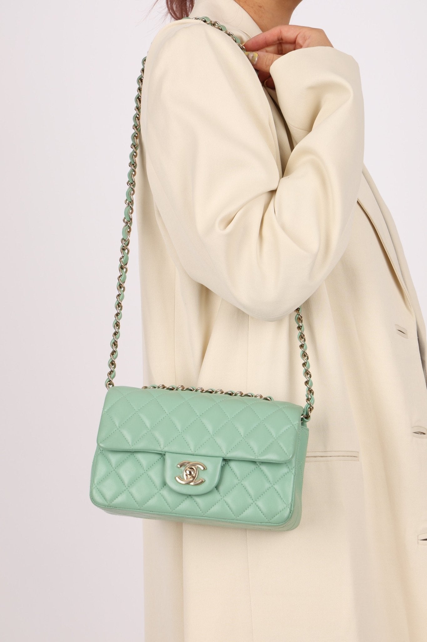Chanel 2020 Seafoam Green Lambskin Mini Rectangular Flap - FashioNica
