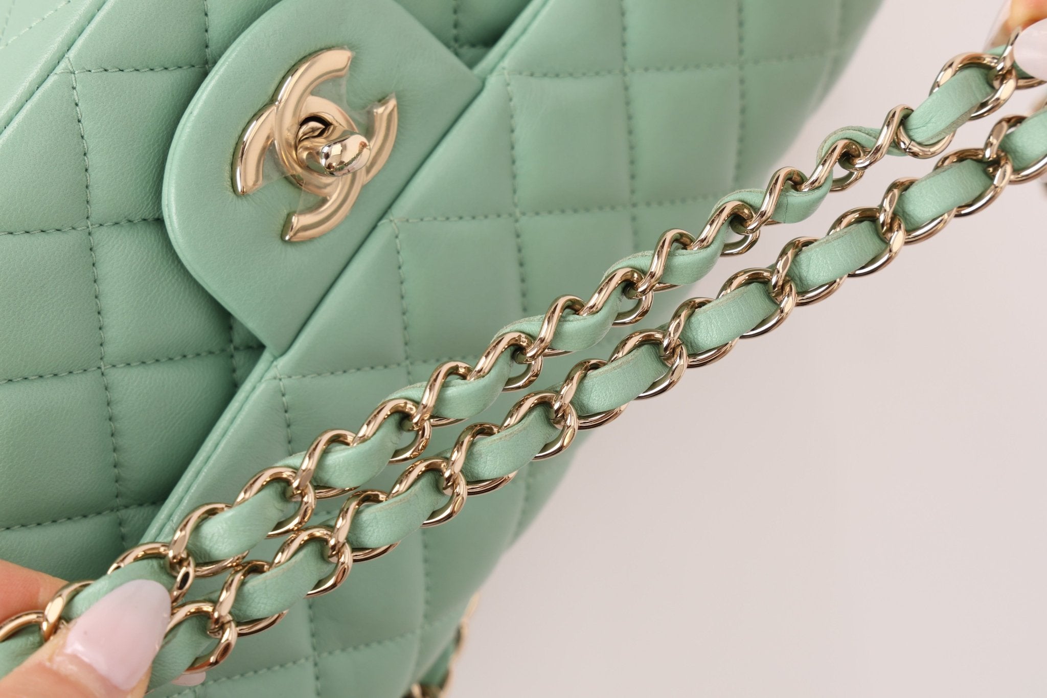 Chanel 2020 Seafoam Green Lambskin Mini Rectangular Flap - FashioNica