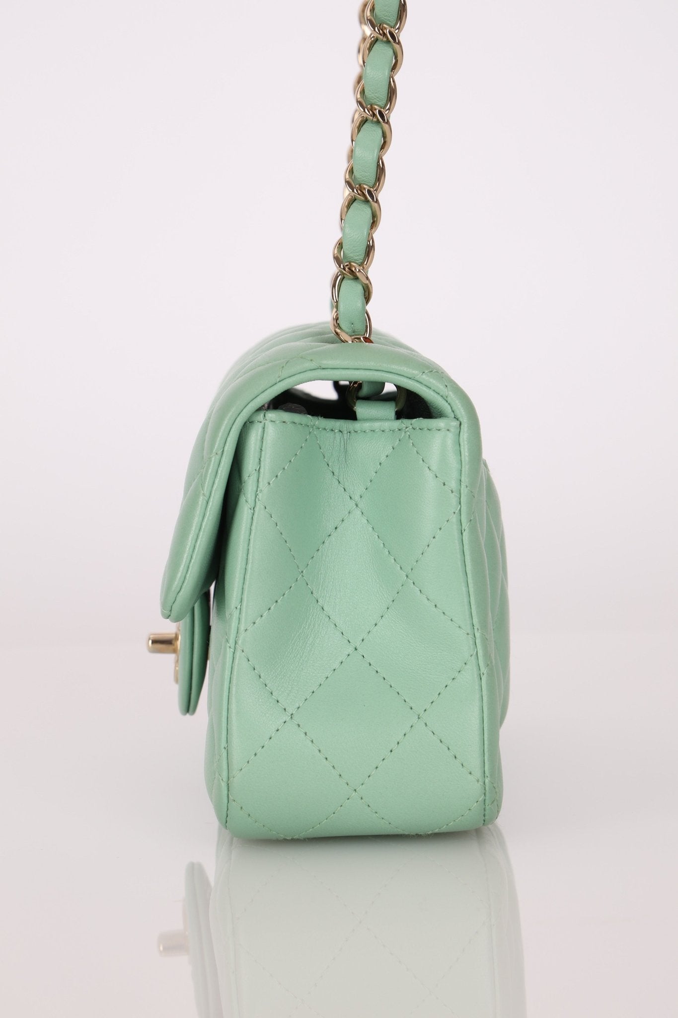 Chanel 2020 Seafoam Green Lambskin Mini Rectangular Flap - FashioNica