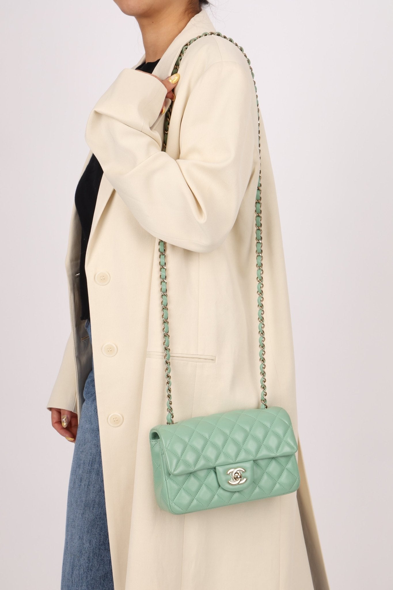 Chanel 2020 Seafoam Green Lambskin Mini Rectangular Flap - FashioNica