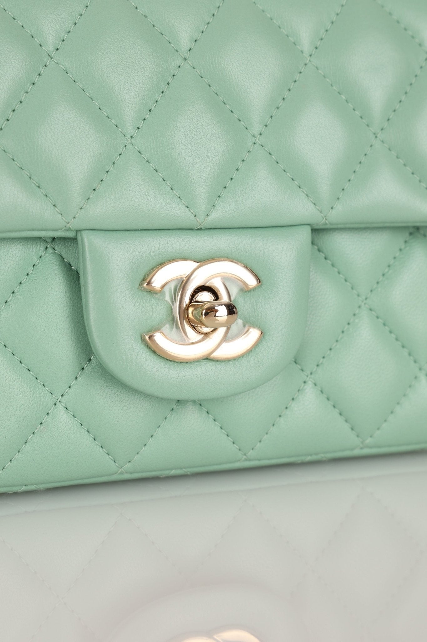 Chanel 2020 Seafoam Green Lambskin Mini Rectangular Flap - FashioNica