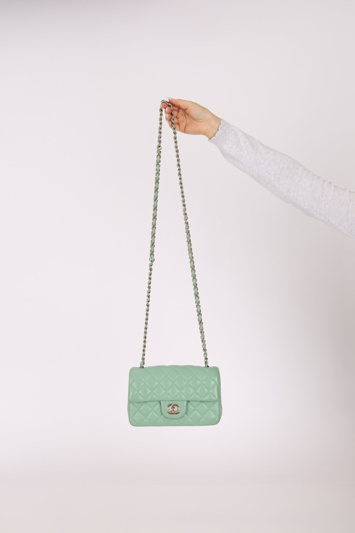 Chanel 2020 Seafoam Green Lambskin Mini Rectangular Flap - FashioNica