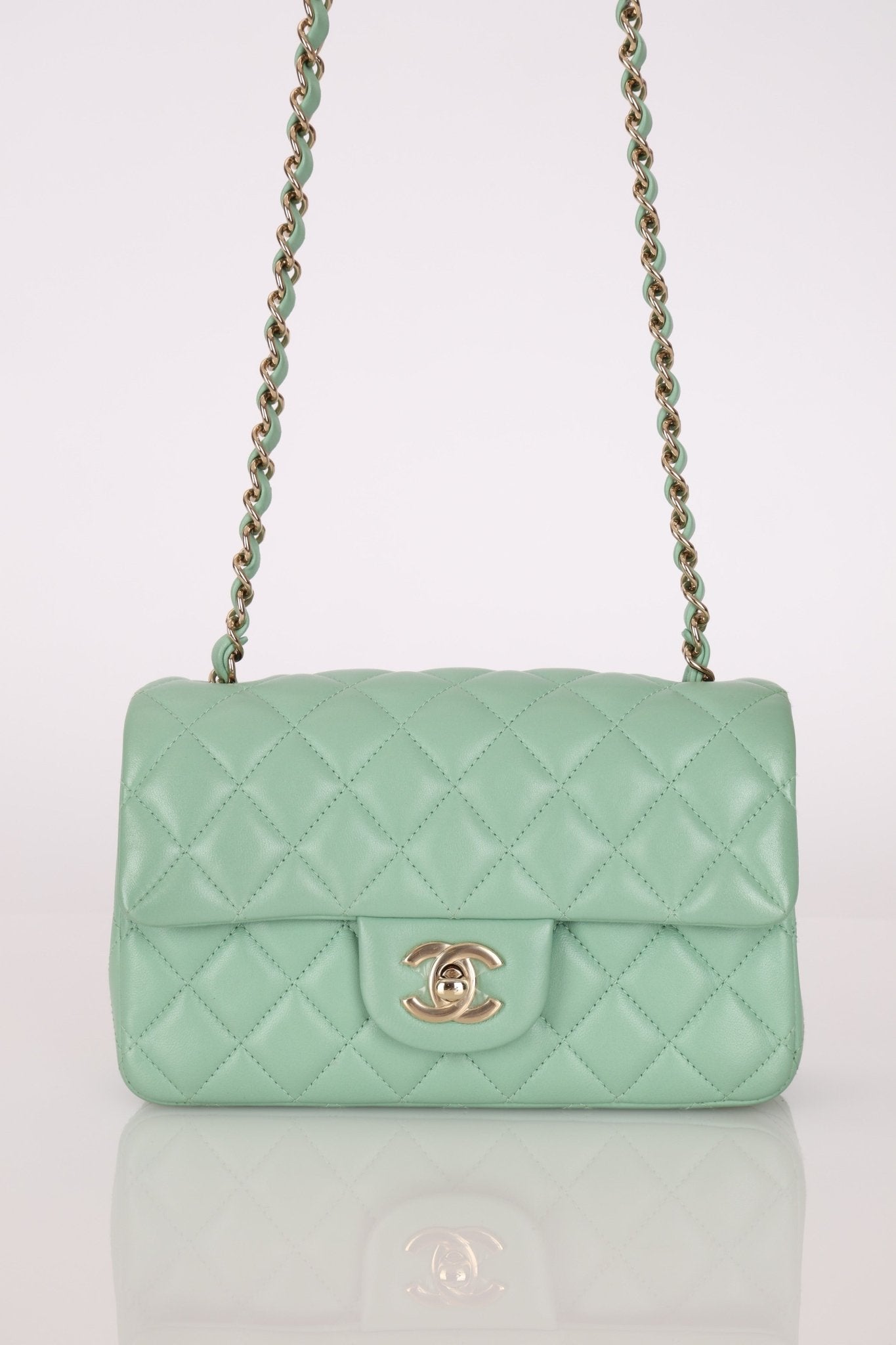 Chanel 2020 Seafoam Green Lambskin Mini Rectangular Flap - FashioNica
