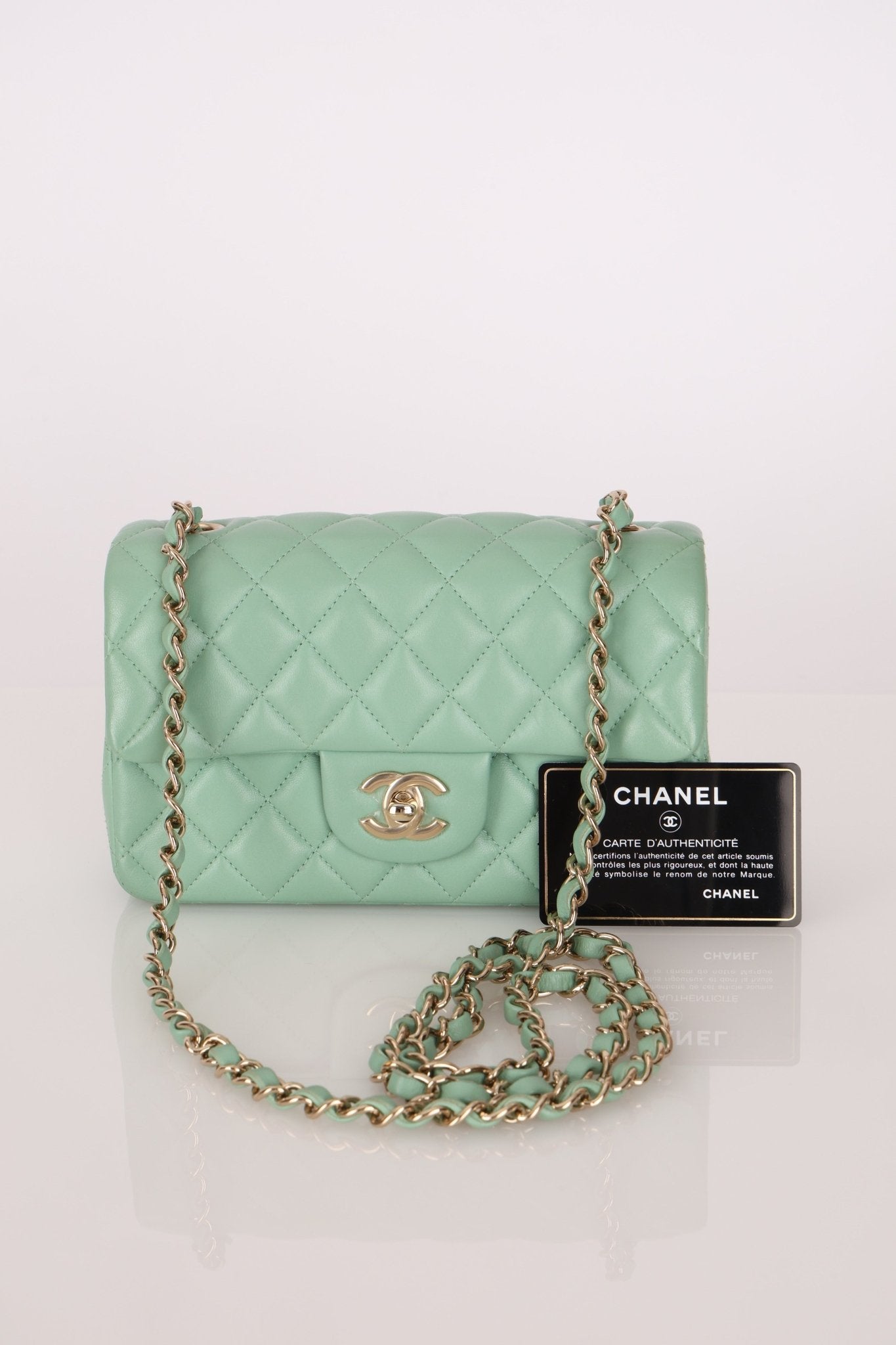 Chanel 2020 Seafoam Green Lambskin Mini Rectangular Flap - FashioNica