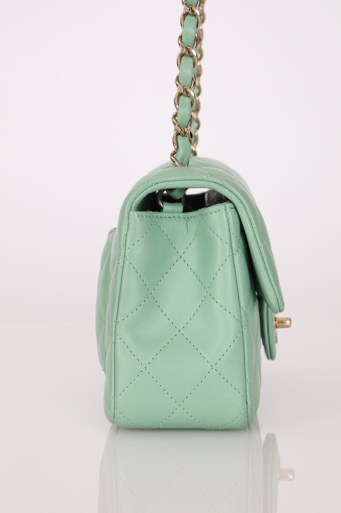 Chanel 2020 Seafoam Green Lambskin Mini Rectangular Flap - FashioNica