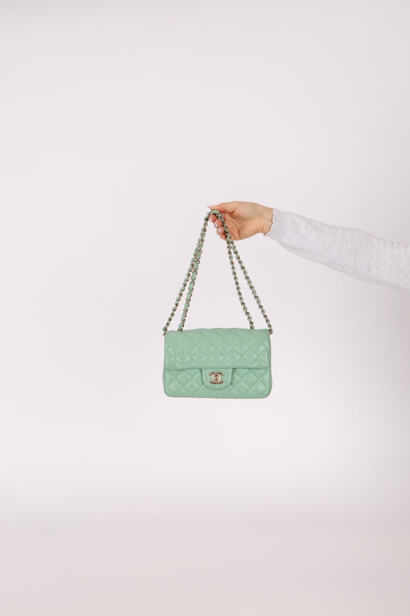 Chanel 2020 Seafoam Green Lambskin Mini Rectangular Flap - FashioNica