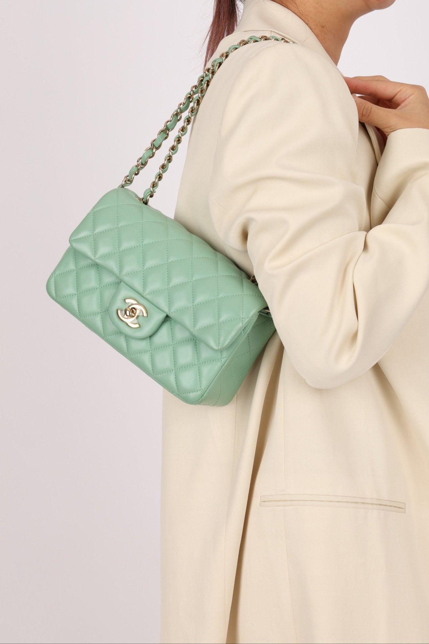 Chanel 2020 Seafoam Green Lambskin Mini Rectangular Flap - FashioNica