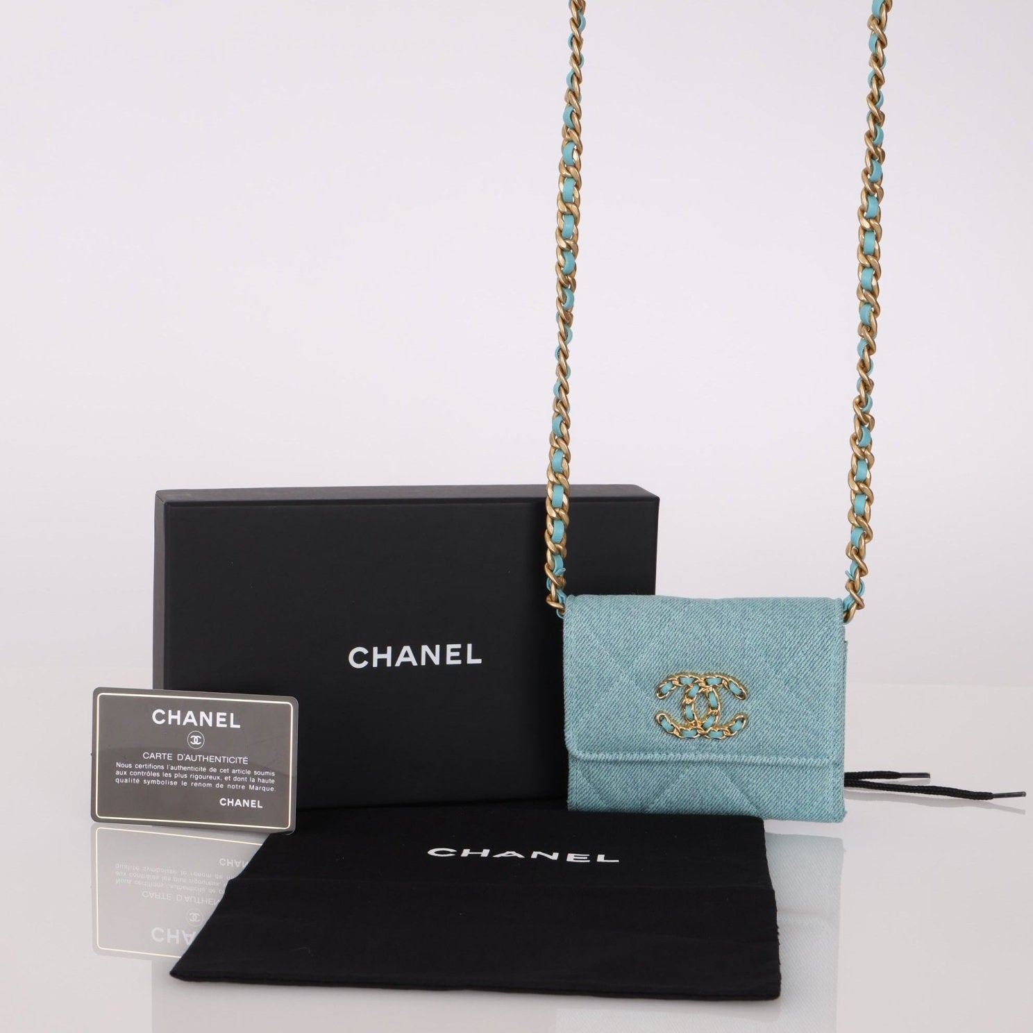 Chanel 2021 19 Denim Card Holder on Chain - FashioNica
