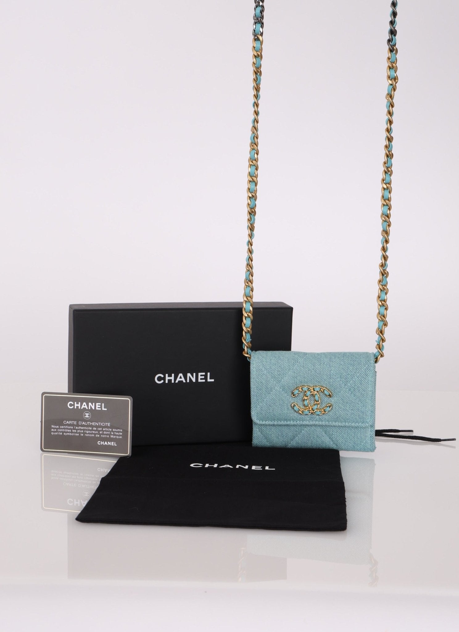 Chanel 2021 19 Denim Card Holder on Chain - FashioNica