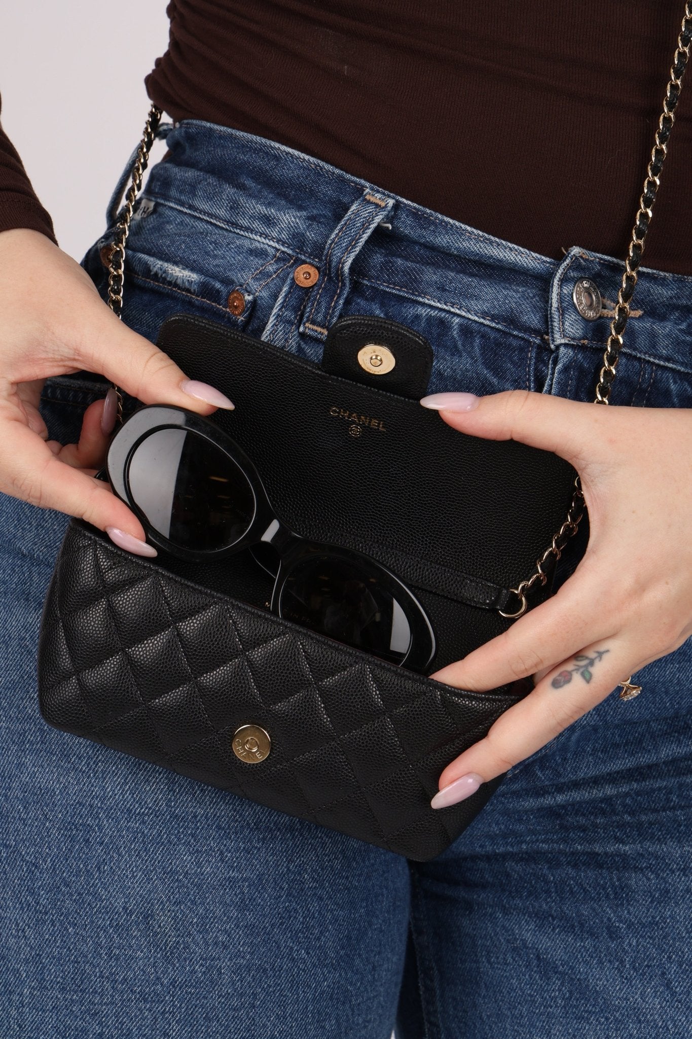 Chanel 2021 Black Caviar Sunglasses Case on Chain - FashioNica