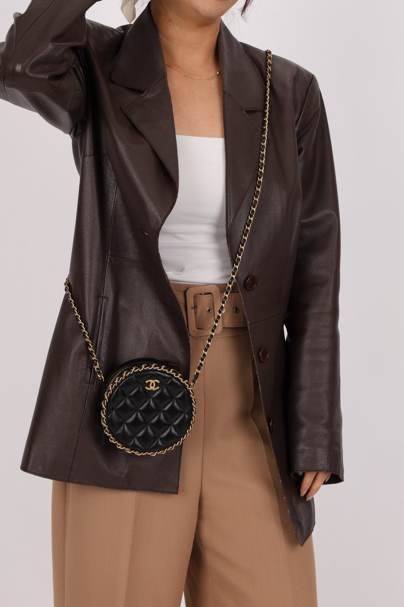 Chanel 2021 Chain Around Round Quilted Lambskin Clutch with Chain - FashioNica
