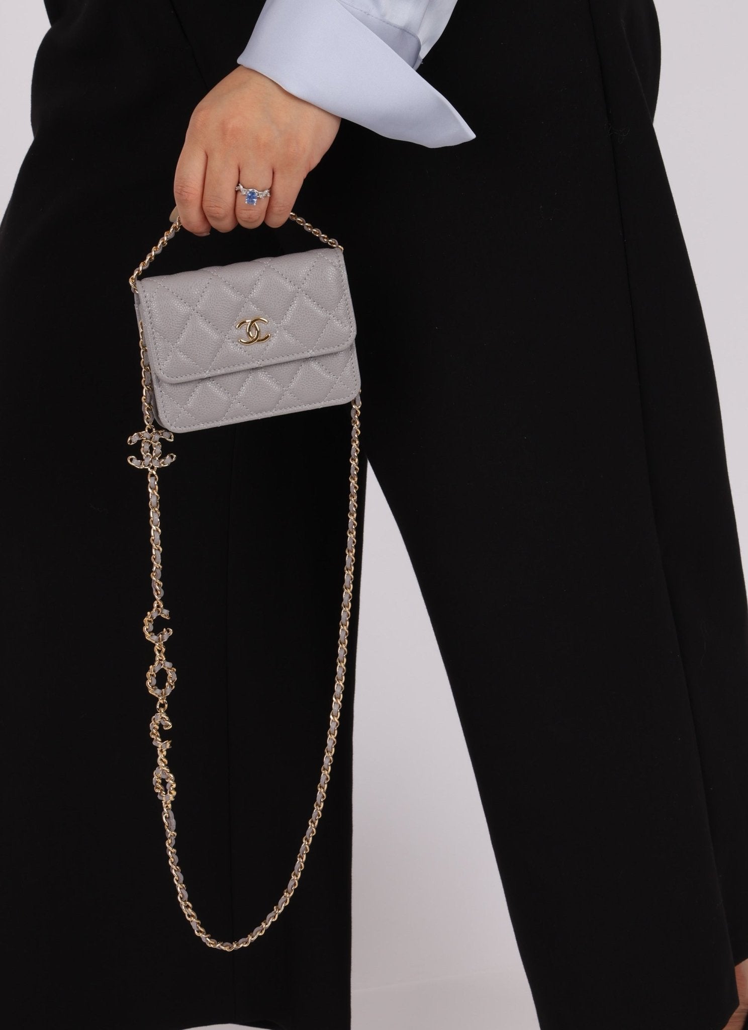 Chanel 2021 Grey Caviar COCO Cardholder on Chain - FashioNica