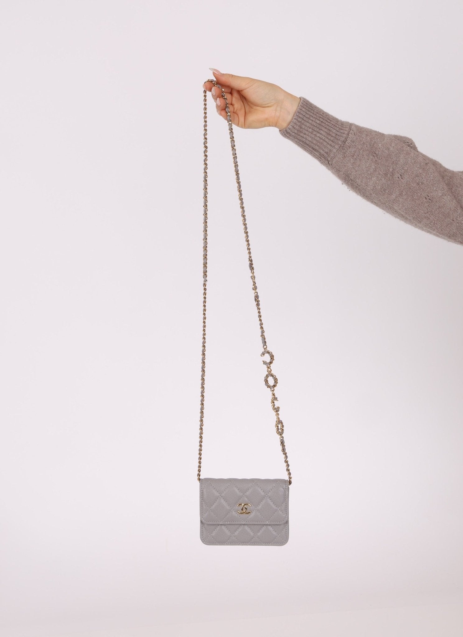 Chanel 2021 Grey Caviar COCO Cardholder on Chain - FashioNica