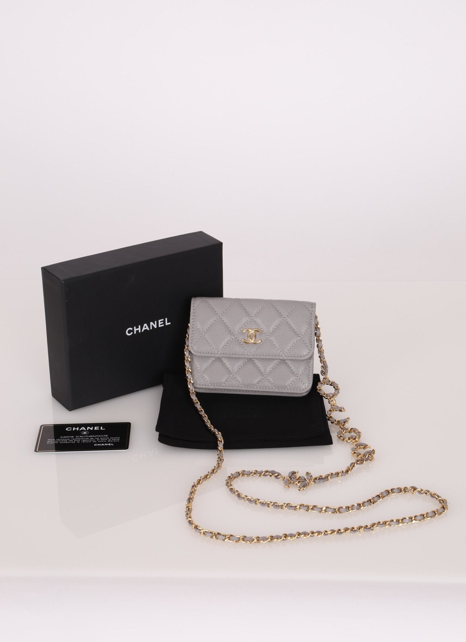 Chanel 2021 Grey Caviar COCO Cardholder on Chain - FashioNica