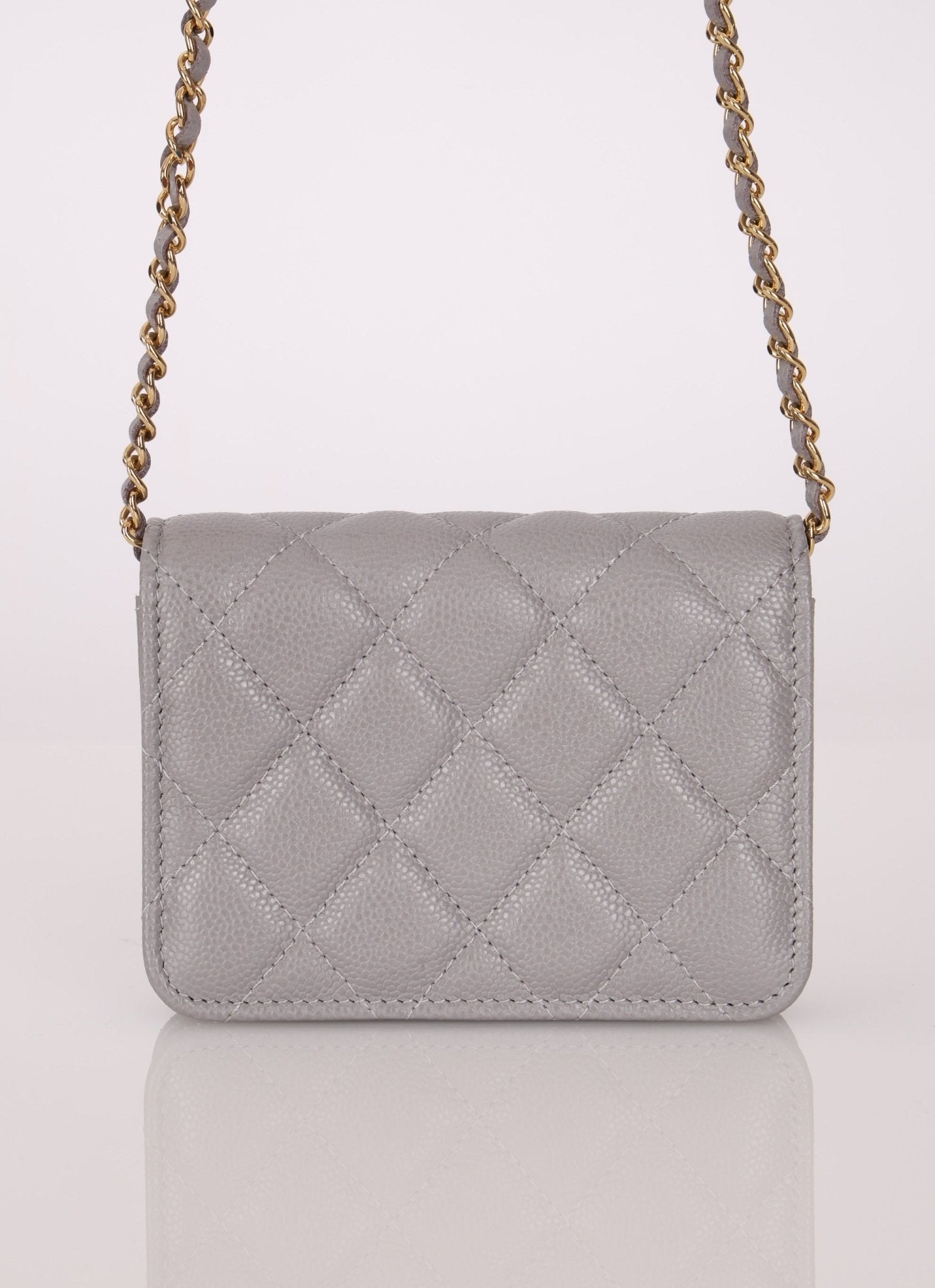 Chanel 2021 Grey Caviar COCO Cardholder on Chain - FashioNica