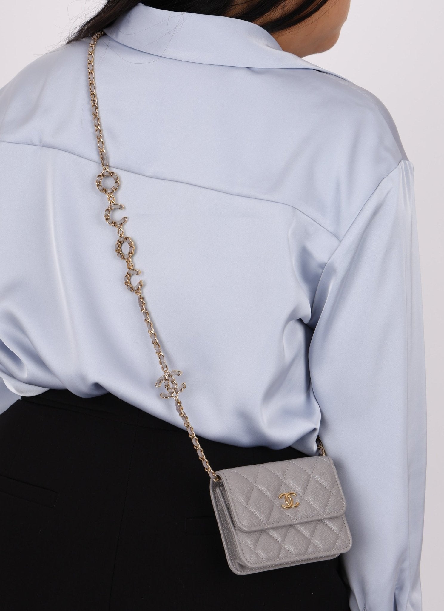 Chanel 2021 Grey Caviar COCO Cardholder on Chain - FashioNica